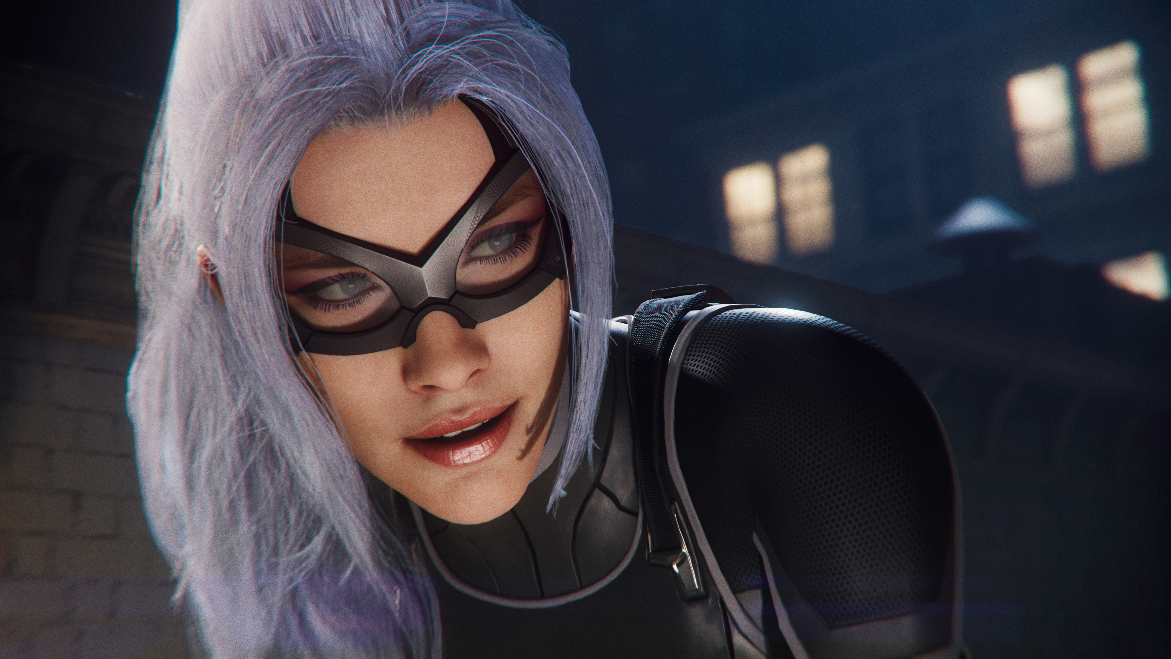 Black Cat (Felicia Hardy) from Marvel's Spider-Man wearing her iconic black tactical suit.