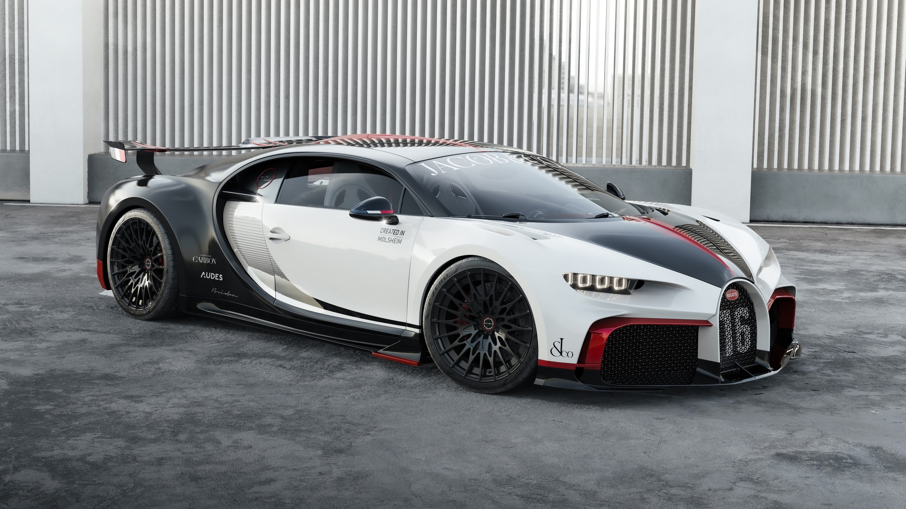 A high-detail, close-up view of the Bugatti Chiron Pur Sport hypercar showing its aerodynamic bodywork.
