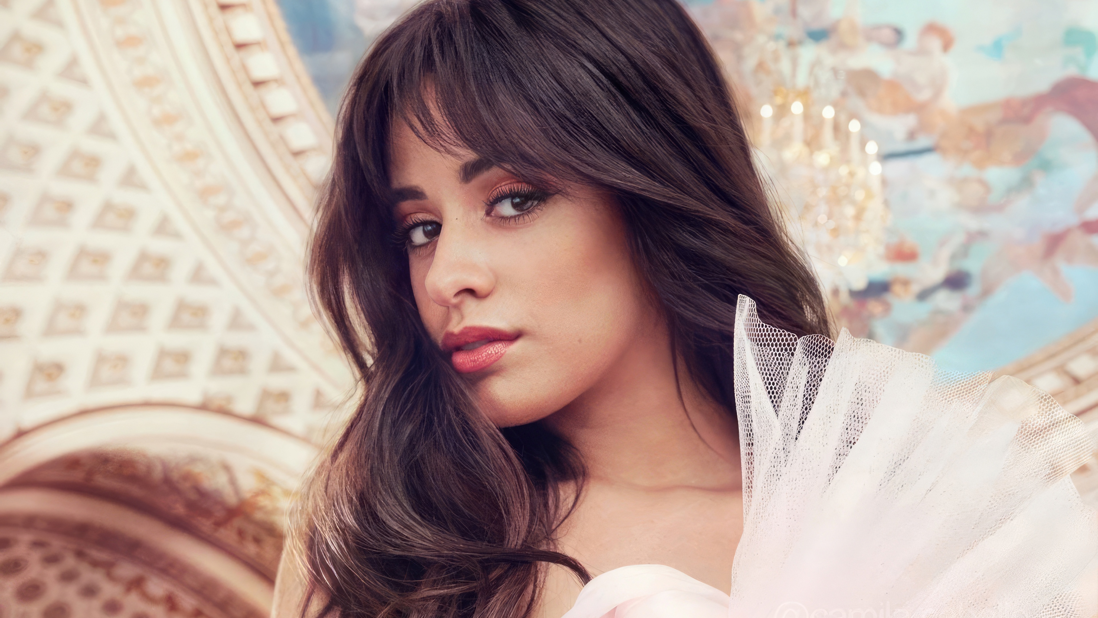A high-resolution, detailed close-up portrait of Camila Cabello featuring elegant lighting and contemporary 2024 fashion.