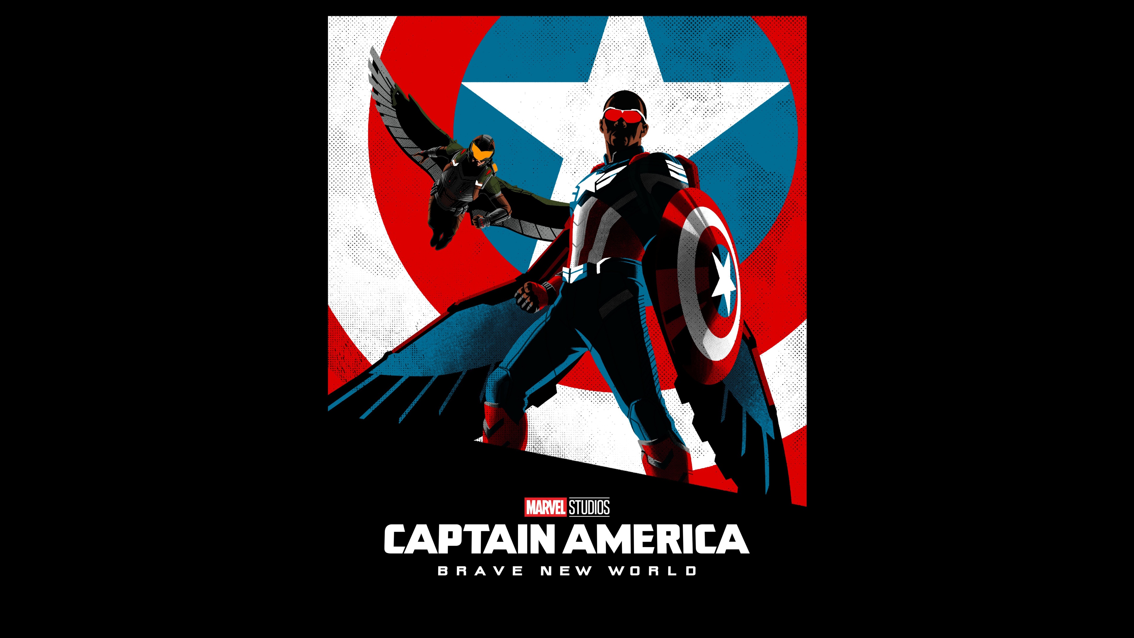 Cinematic portrait of Captain America from the movie Captain America: Brave New World against a black background.