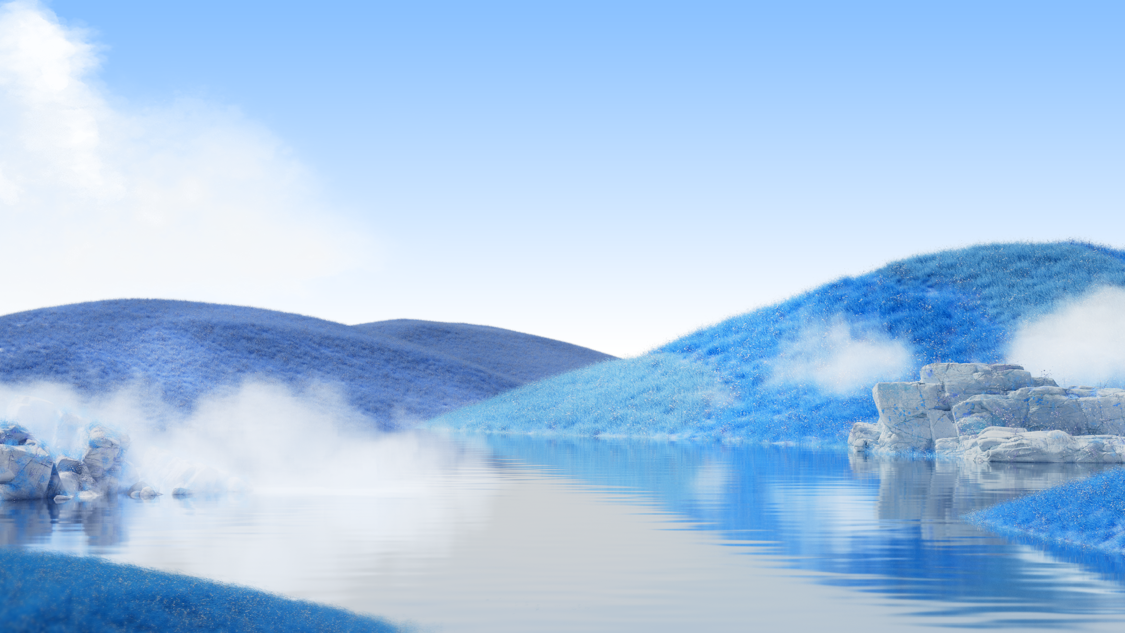 A surreal landscape with a blue aesthetic featuring bright daylight and calm water reflections in a modern, clean design style.