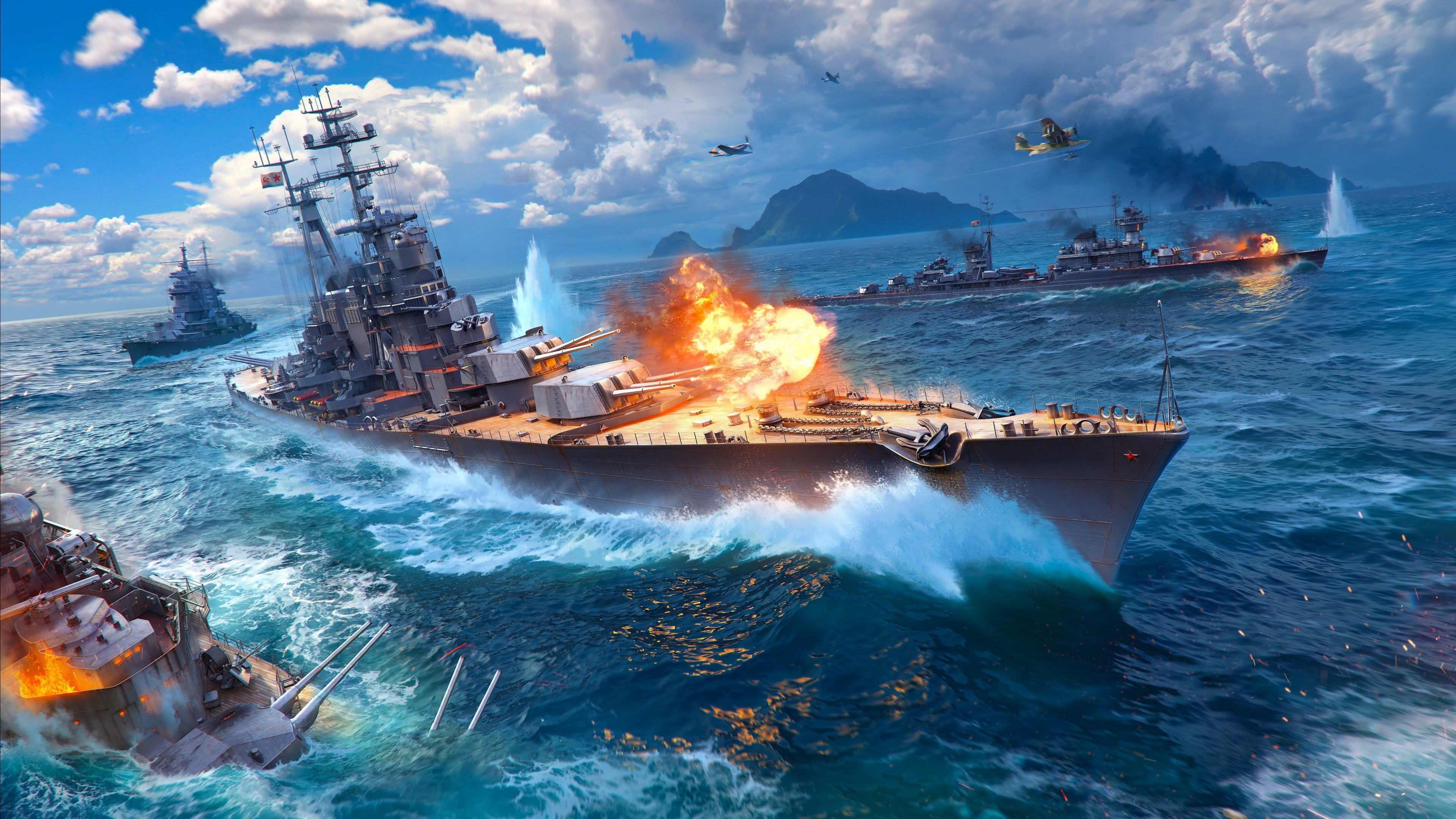 A high-resolution 5K cinematic view of massive warships and battleships navigating through ocean waves during a naval battle.
