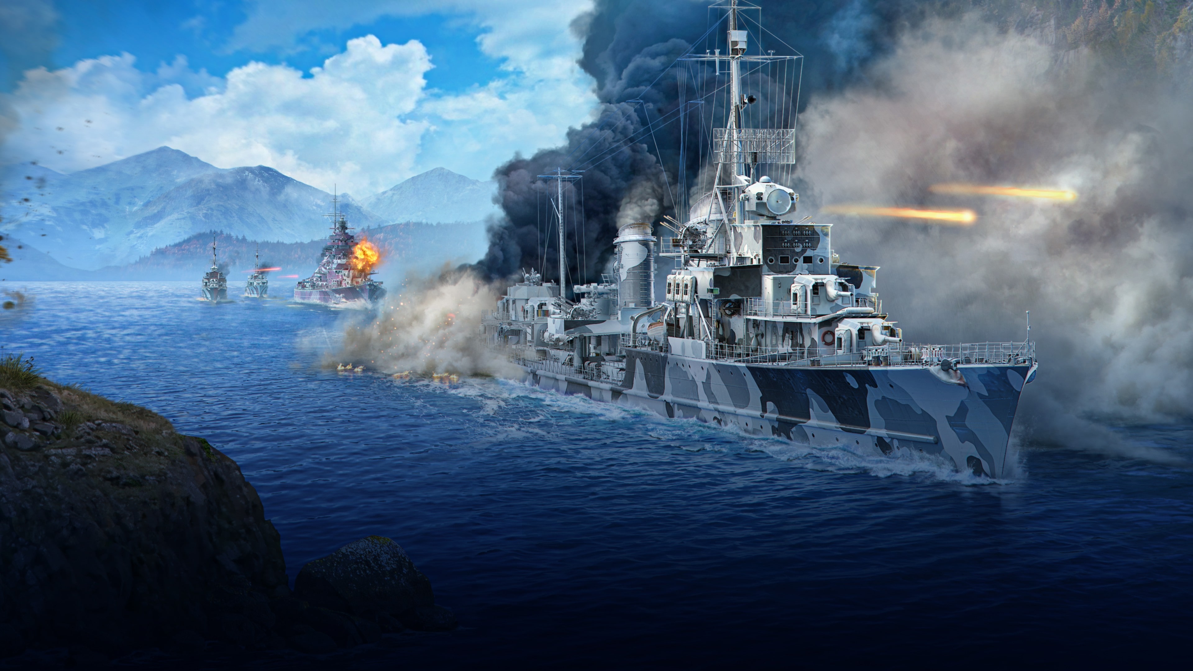 Large warships firing cannons and navigating through waves during a naval battle.
