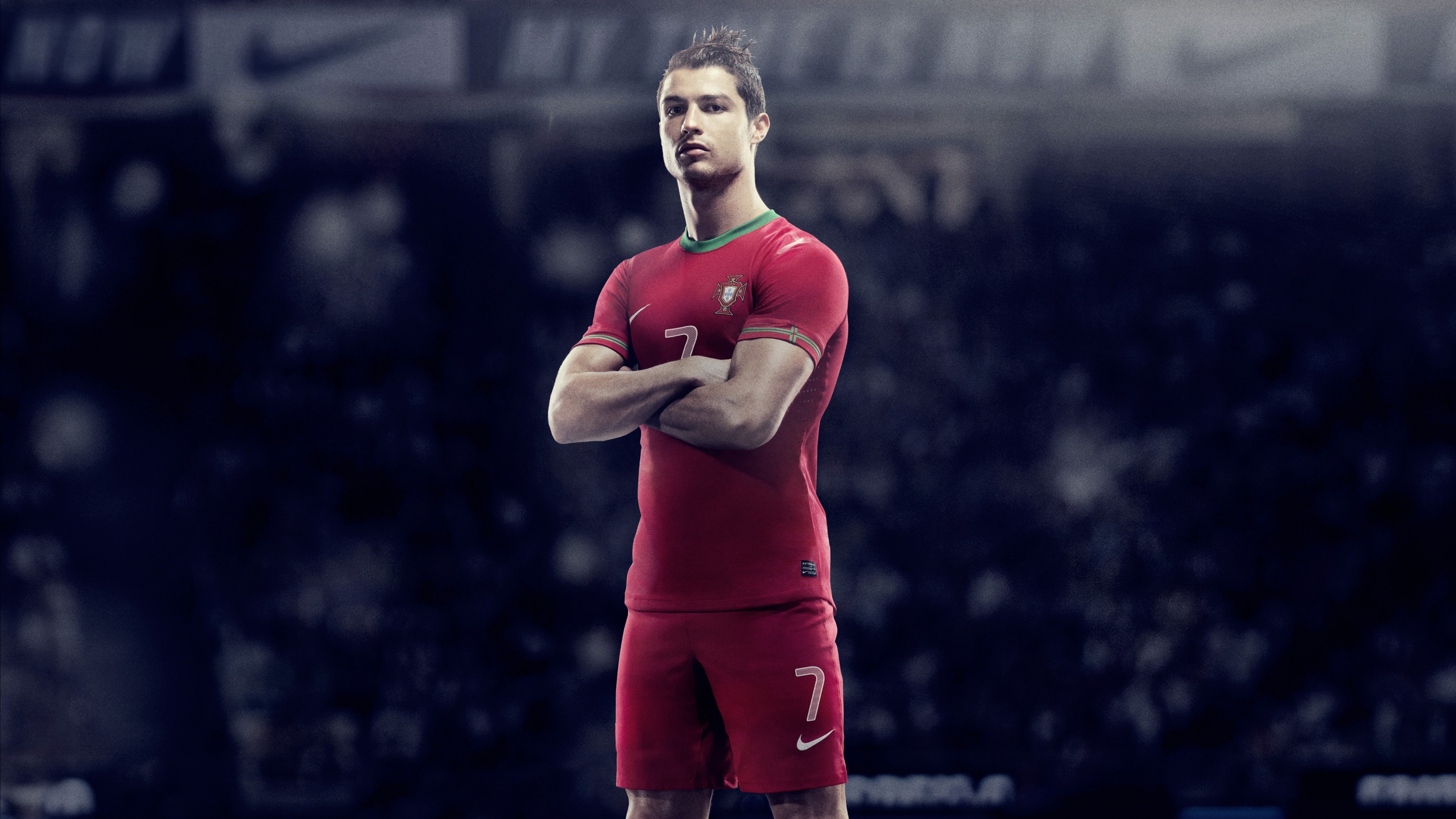 A high-definition 5K portrait of Cristiano Ronaldo, the professional Portuguese football player.