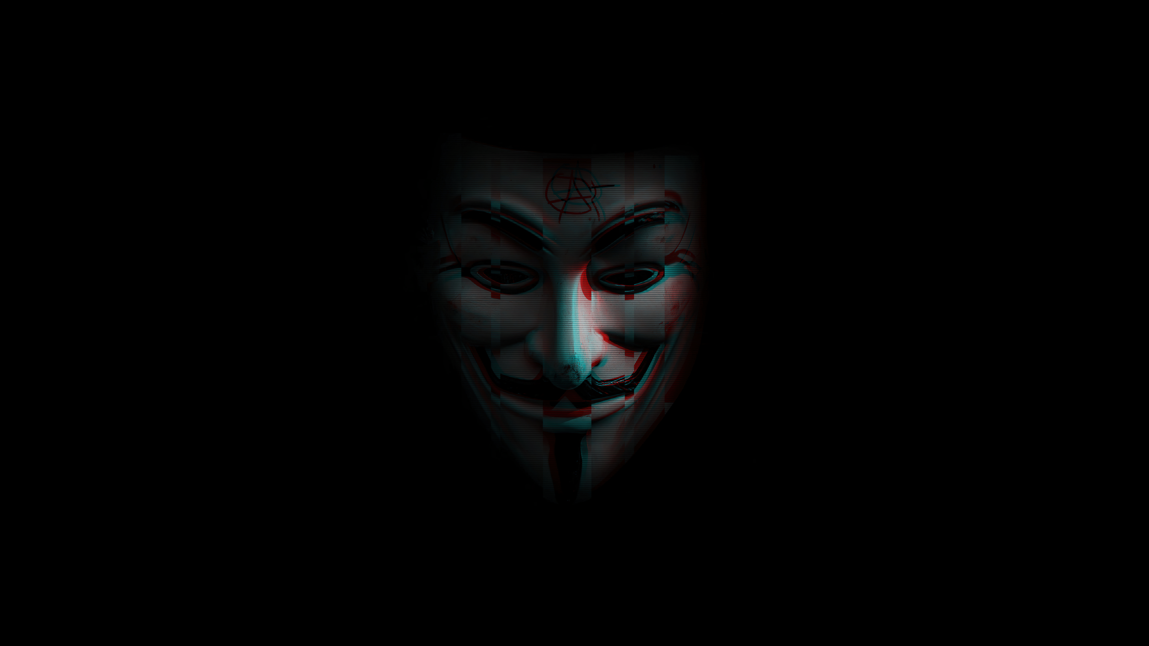 A high-tech programmer wearing an Anonymous mask against a deep black background.