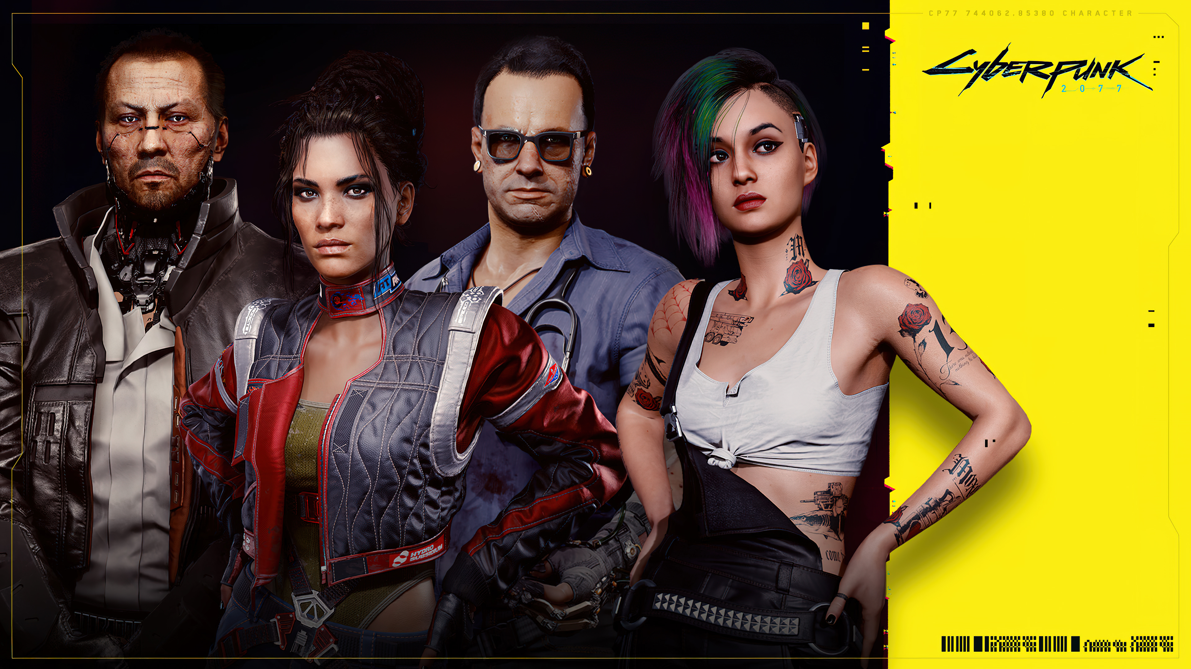 Judy Alvarez, Panam Palmer, and Viktor Vektor from Cyberpunk 2077 standing together in a futuristic, neon-lit setting.