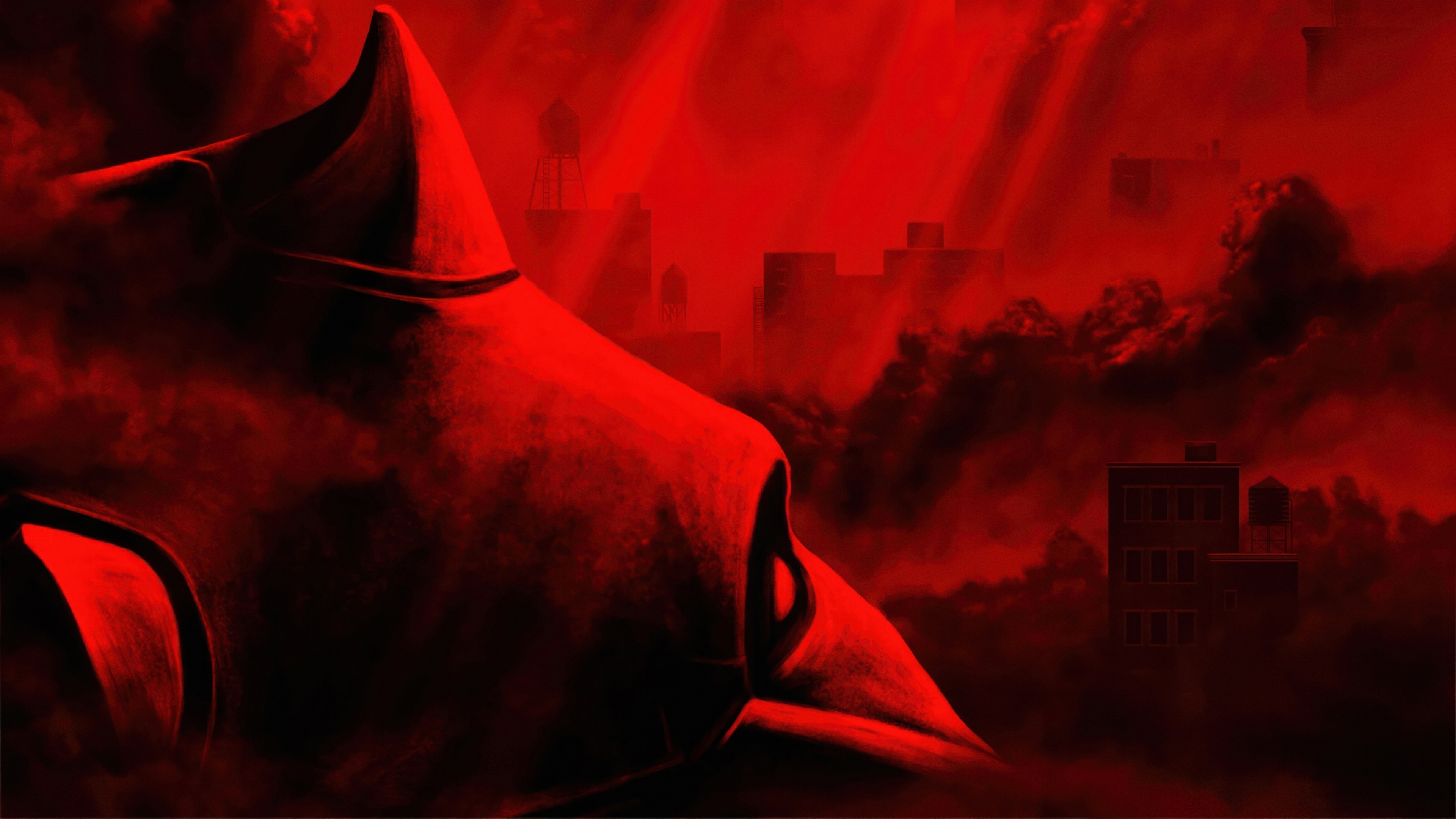 Daredevil wearing his iconic red superhero costume from the Marvel series Daredevil: Born Again.