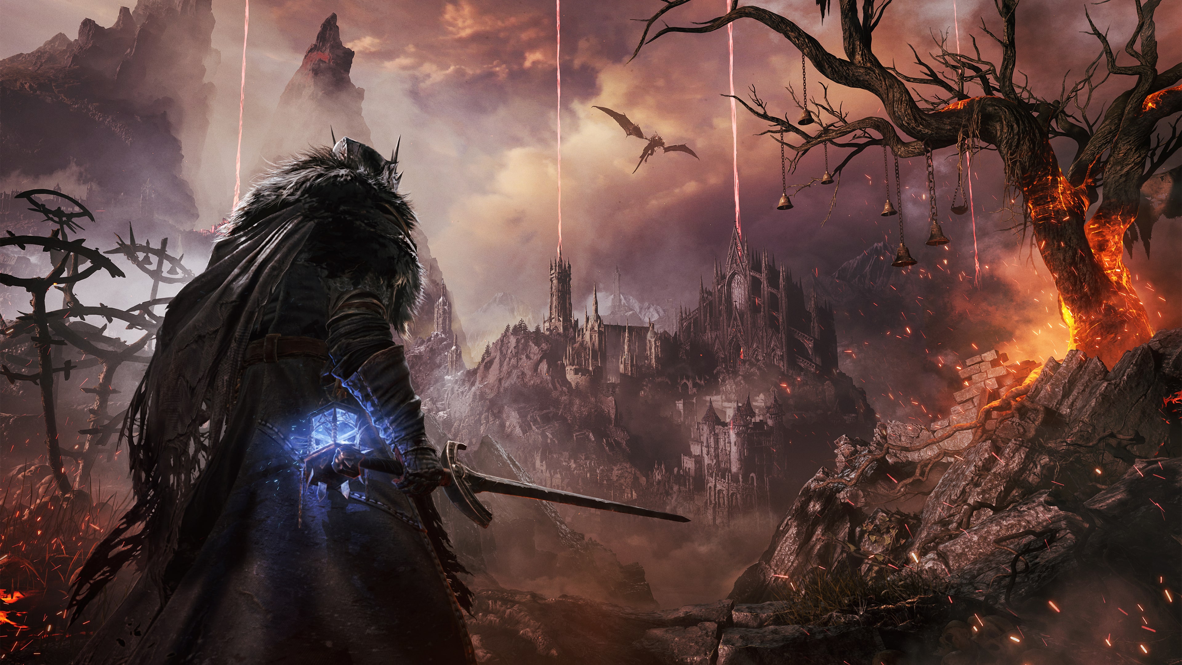 A heavily armored knight from the game Lords of the Fallen standing in a dark, atmospheric fantasy landscape.