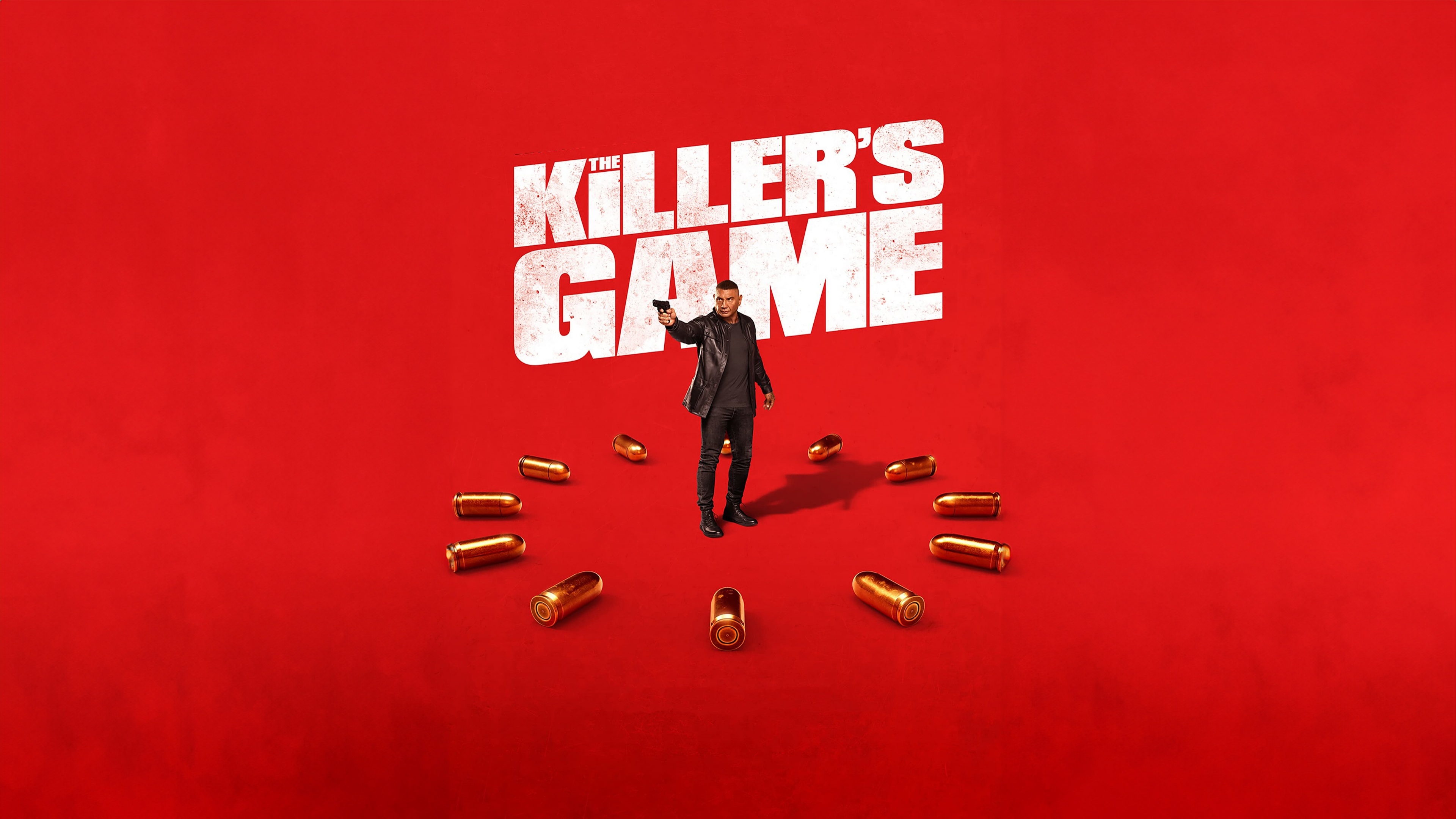 A high-definition dramatic portrait of Dave Bautista's character from the movie The Killer's Game against a vibrant red background.