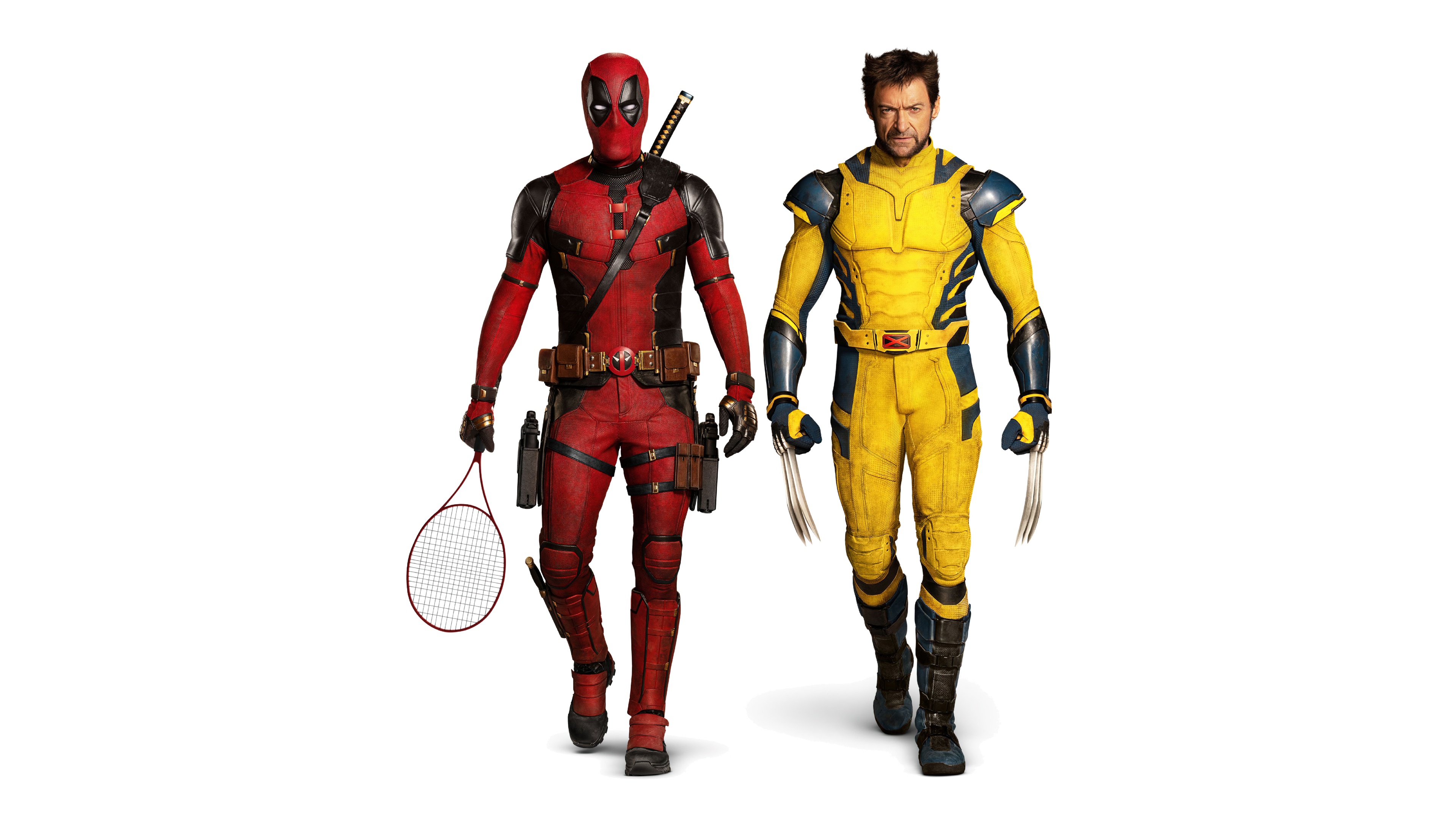Detailed cinematic portrait of Deadpool and Wolverine from the Marvel Studios movie Deadpool & Wolverine on a white background