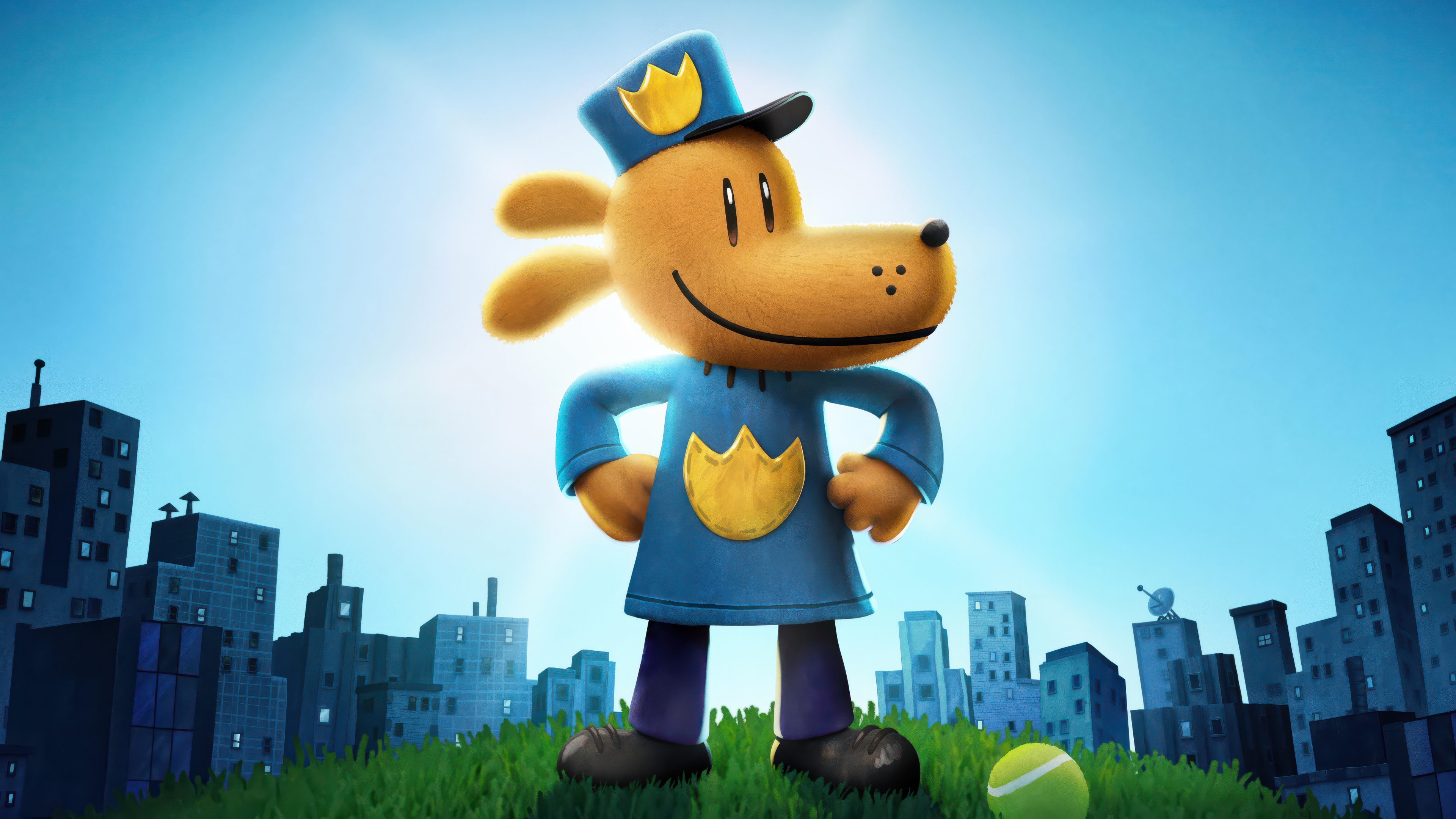 A detailed cinematic shot of the character Dog Man from the DreamWorks Animation movie.