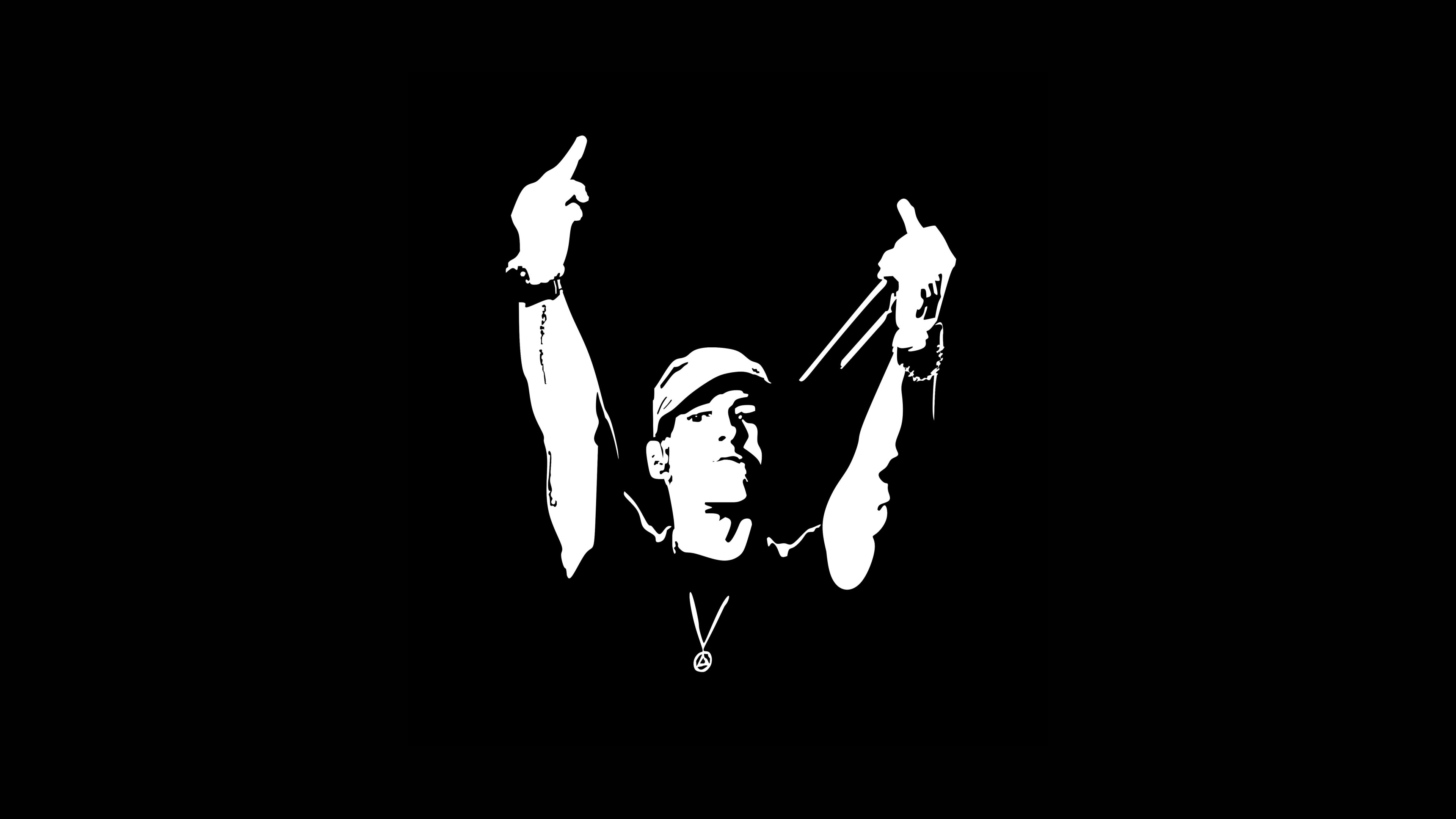 A high-contrast, minimalist black and white image of American rapper Eminem performing live on stage against a solid black background.