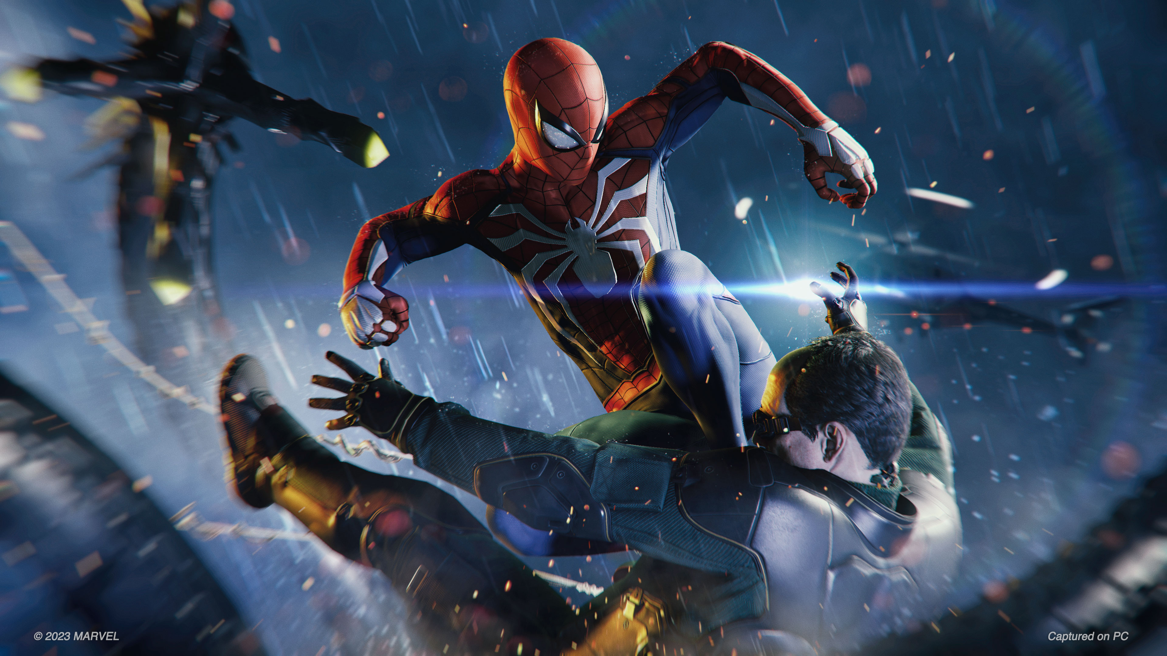 Cinematic boss fight scene featuring Doctor Octopus and Spider-Man from Marvel's Spider-Man Remastered.