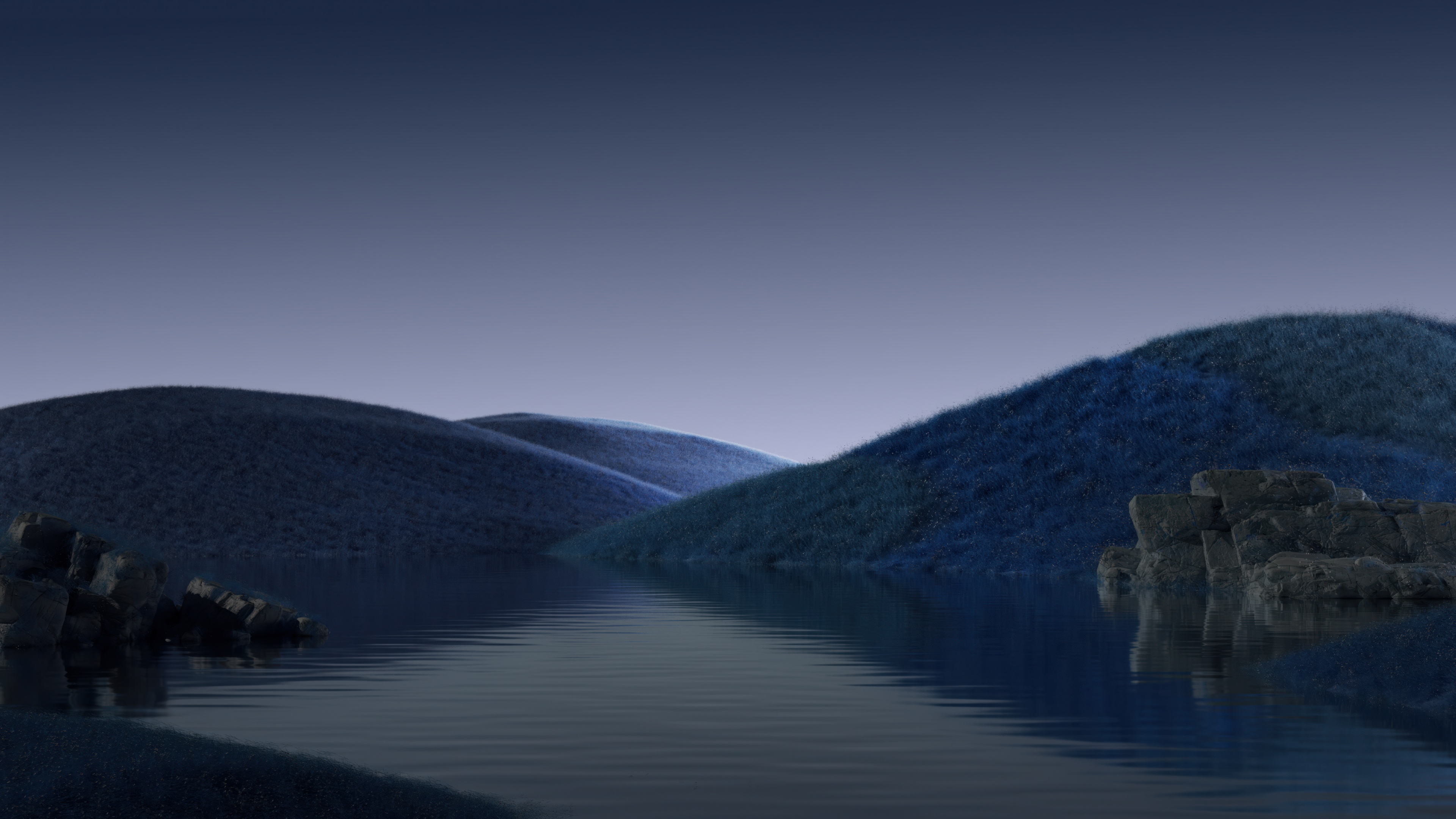 A peaceful, dreamlike landscape featuring a calm body of water with a soft blue aesthetic and misty atmosphere.