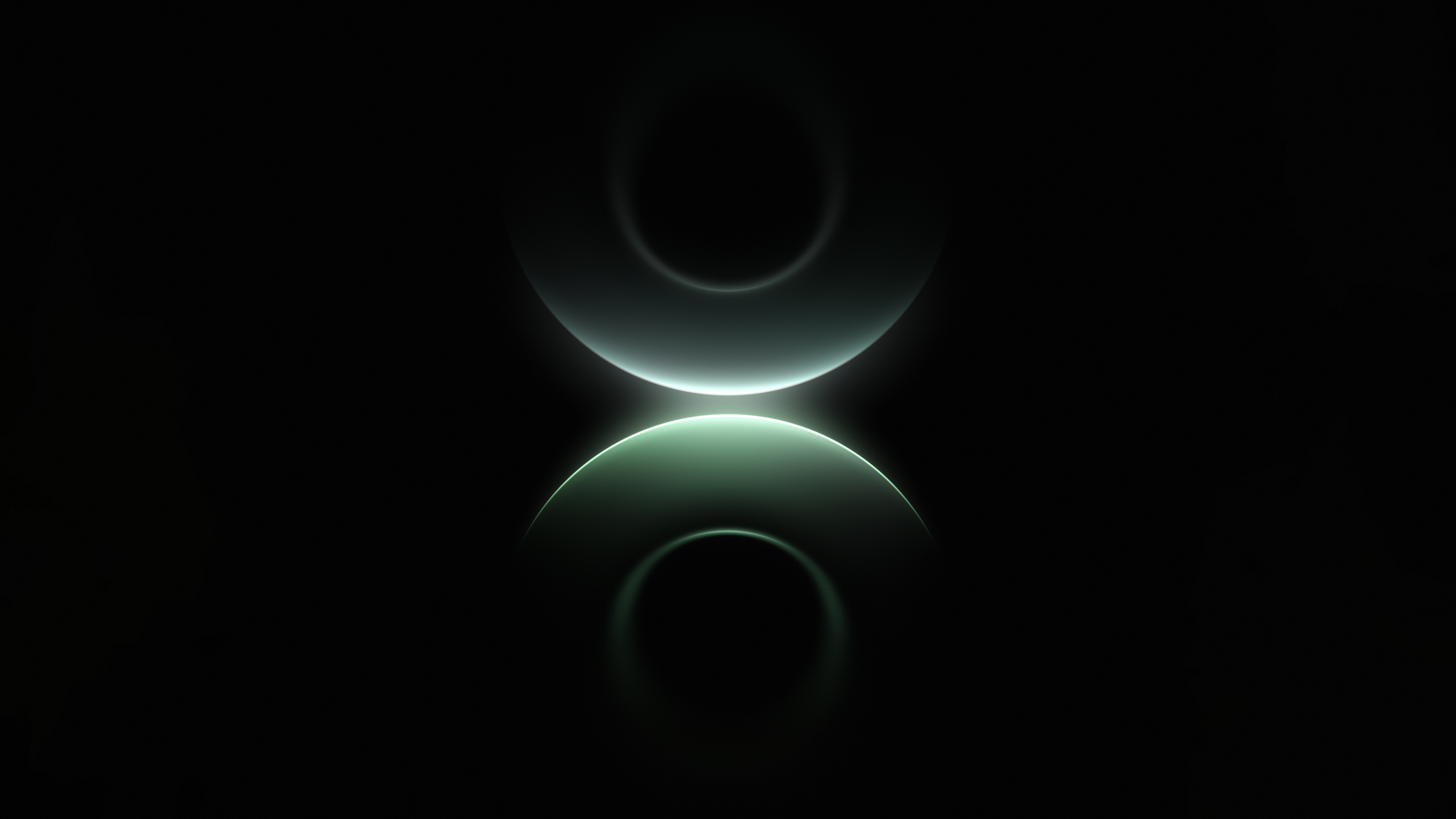 Symmetrical glowing green abstract rings on a dark background.