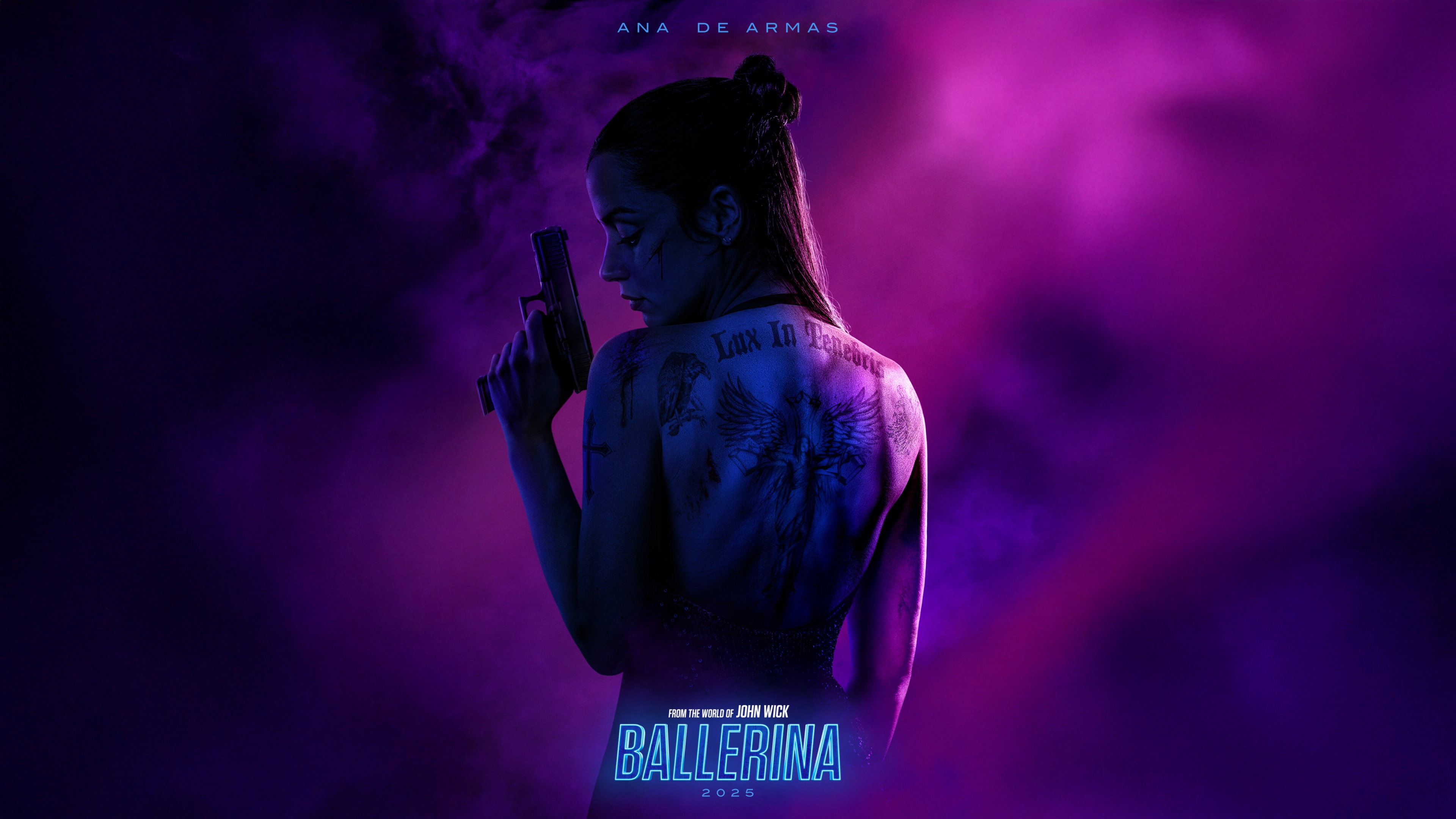 A cinematic portrait of Ana de Armas as Eve in the movie Ballerina against a deep purple background.