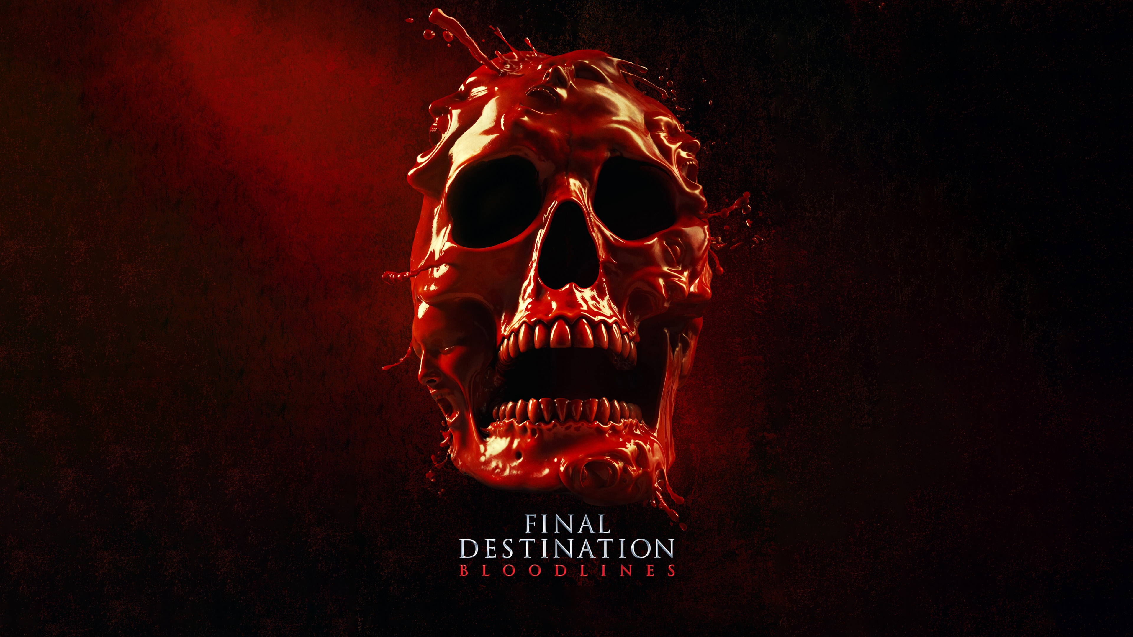A detailed skull illuminated by dark red light against a pitch-black background, evoking a horror movie atmosphere.