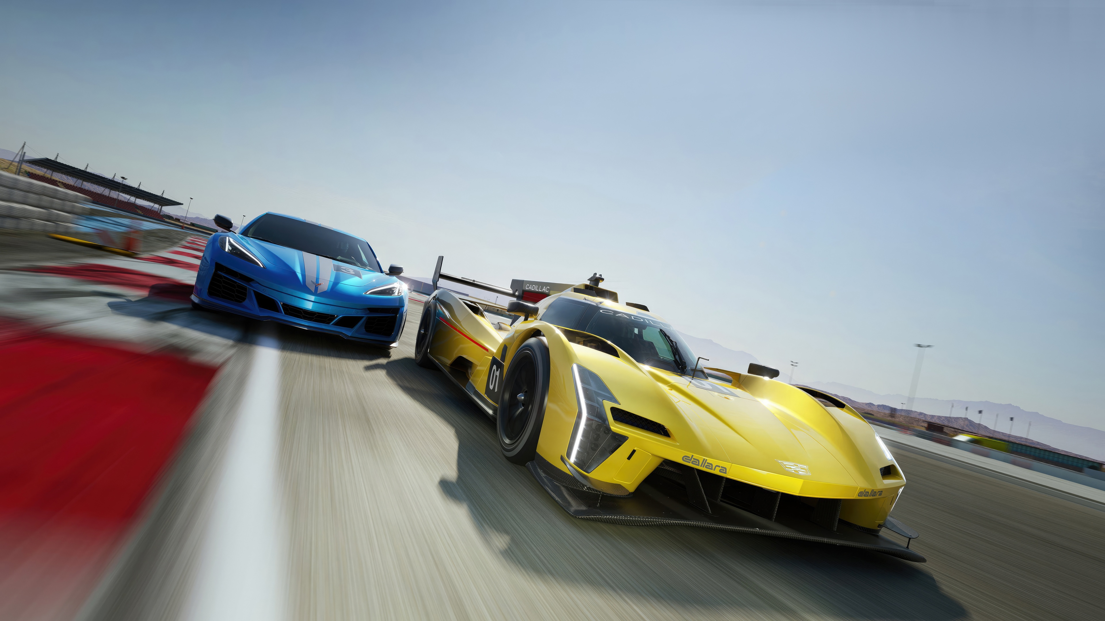 A high-speed racing scene featuring the Chevrolet Corvette E-Ray and Cadillac V-LMDh in the Forza Motorsport video game.