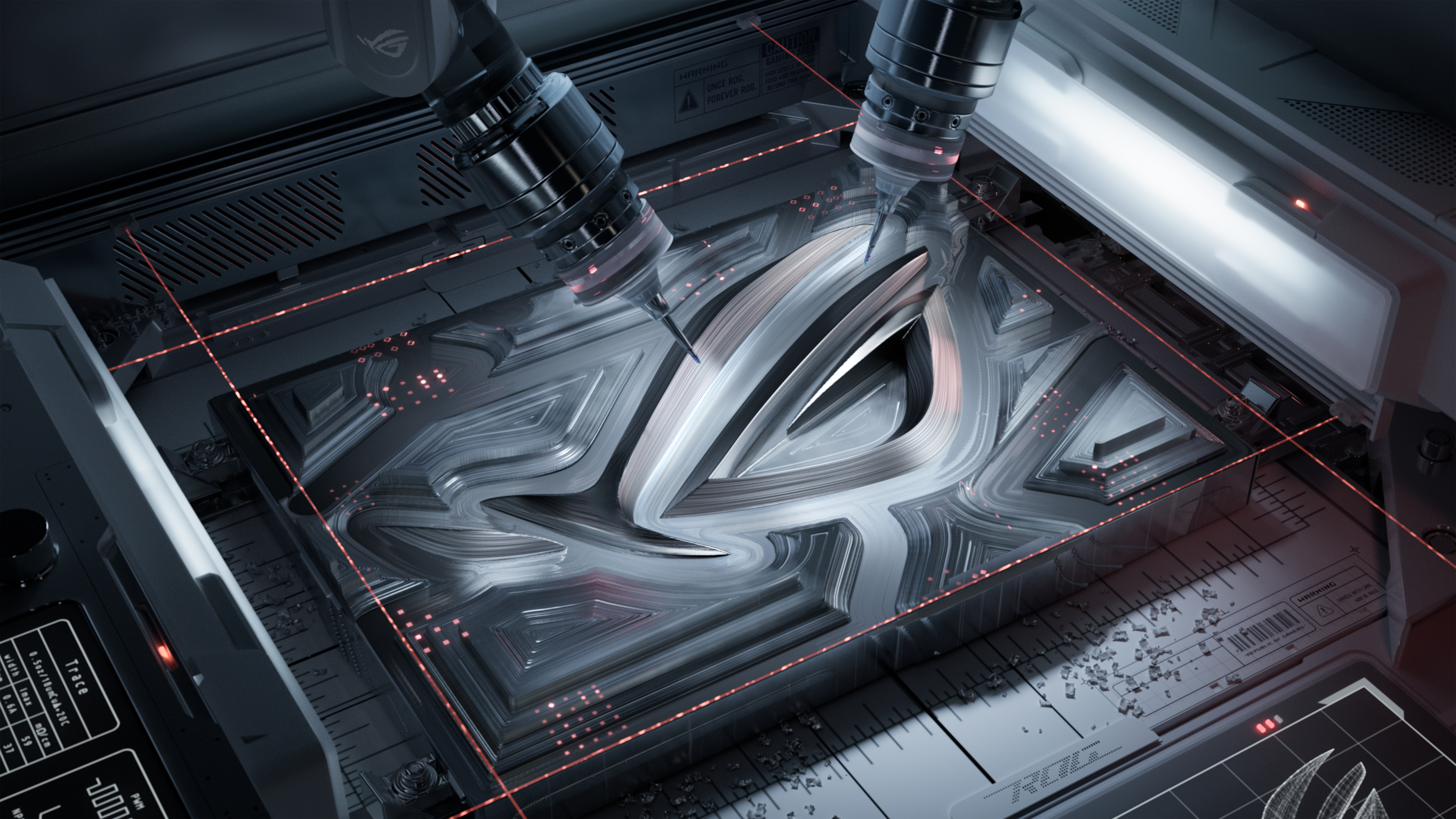 A futuristic cybernetic character with glowing LED armor and mechanical parts in a high-tech 3D gaming environment.