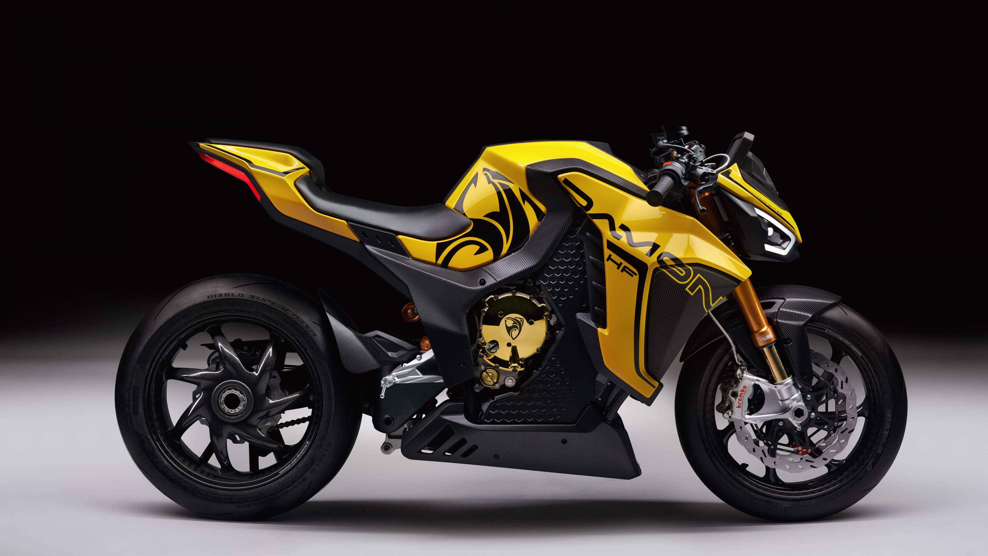 A sleek and aerodynamic electric concept superbike with futuristic lighting and modern metallic finishes.