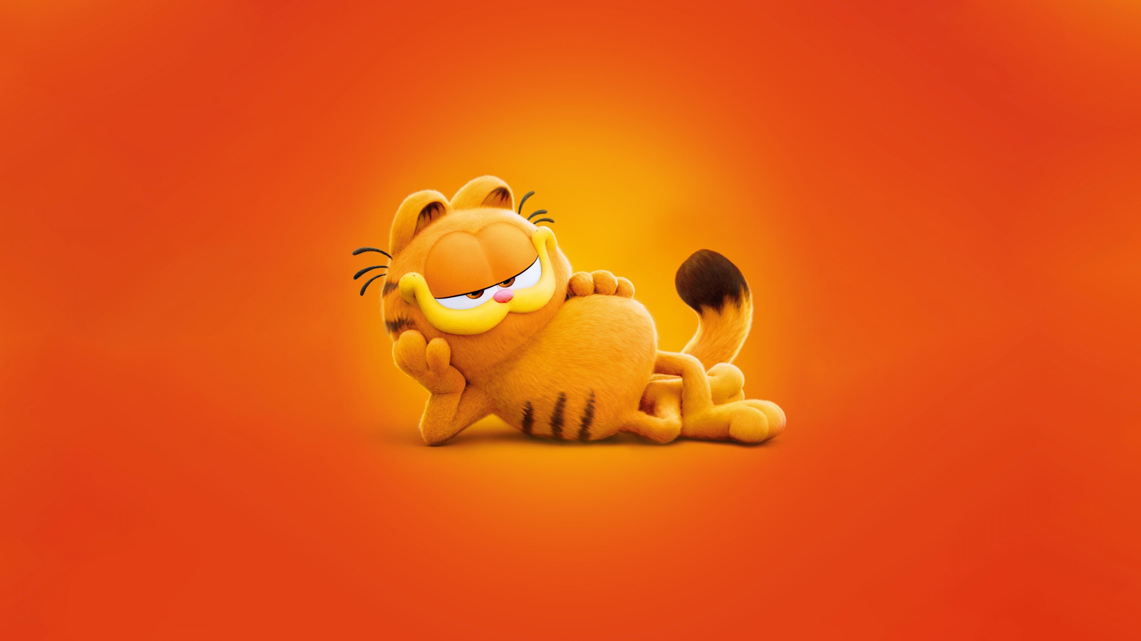 A high-quality close-up of Garfield the orange cat from The Garfield Movie against a bright orange background.