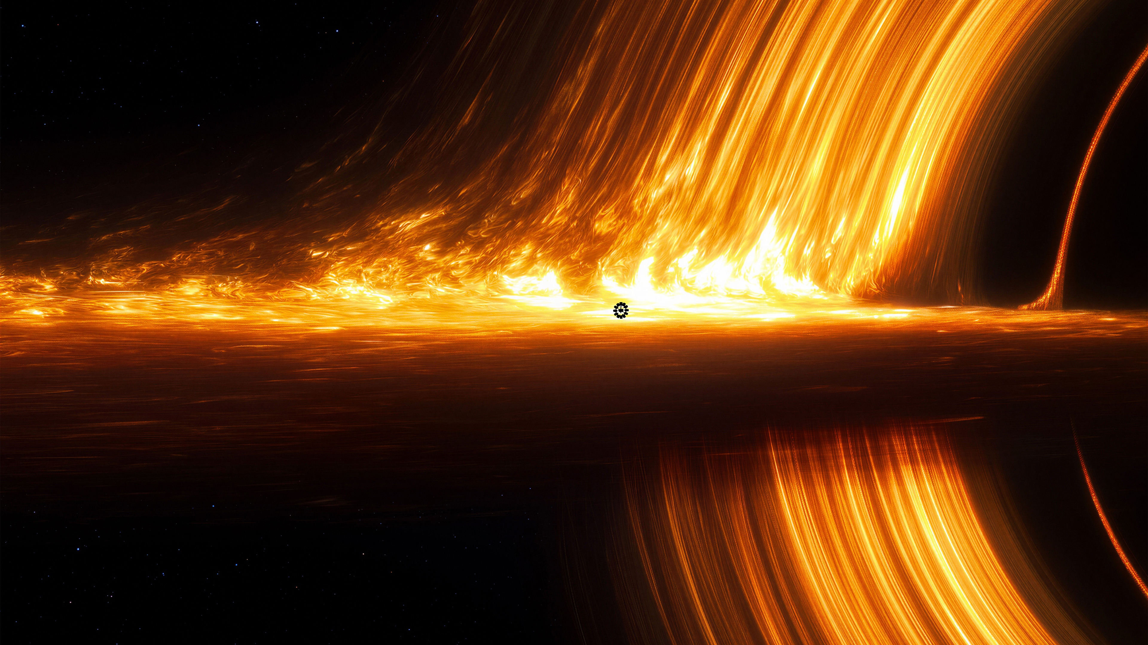 The massive black hole Gargantua with its bright accretion disk and the Endurance spacecraft in deep space, inspired by Interstellar.