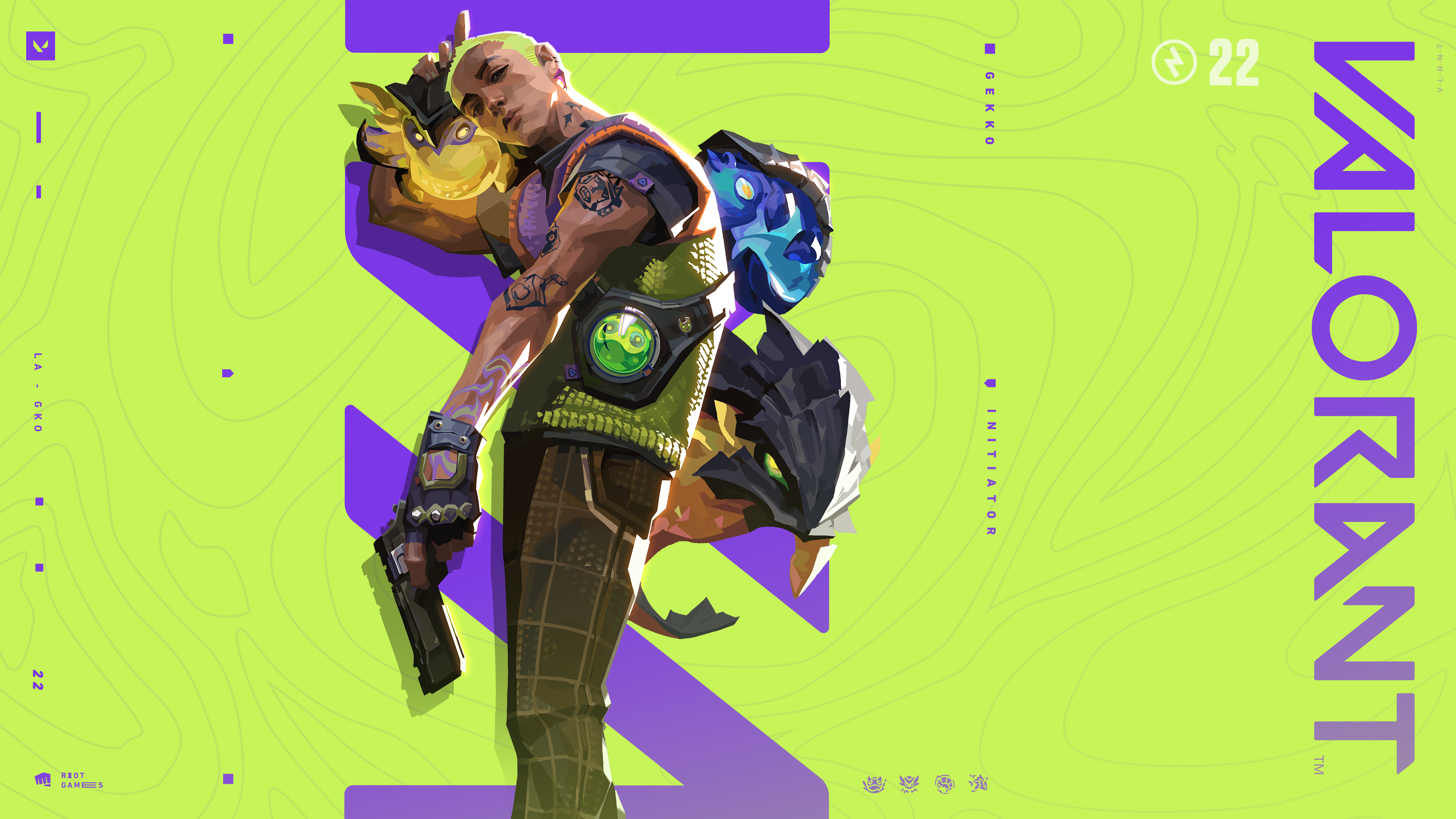 A vibrant lime green themed portrait of the character Gekko from Valorant.