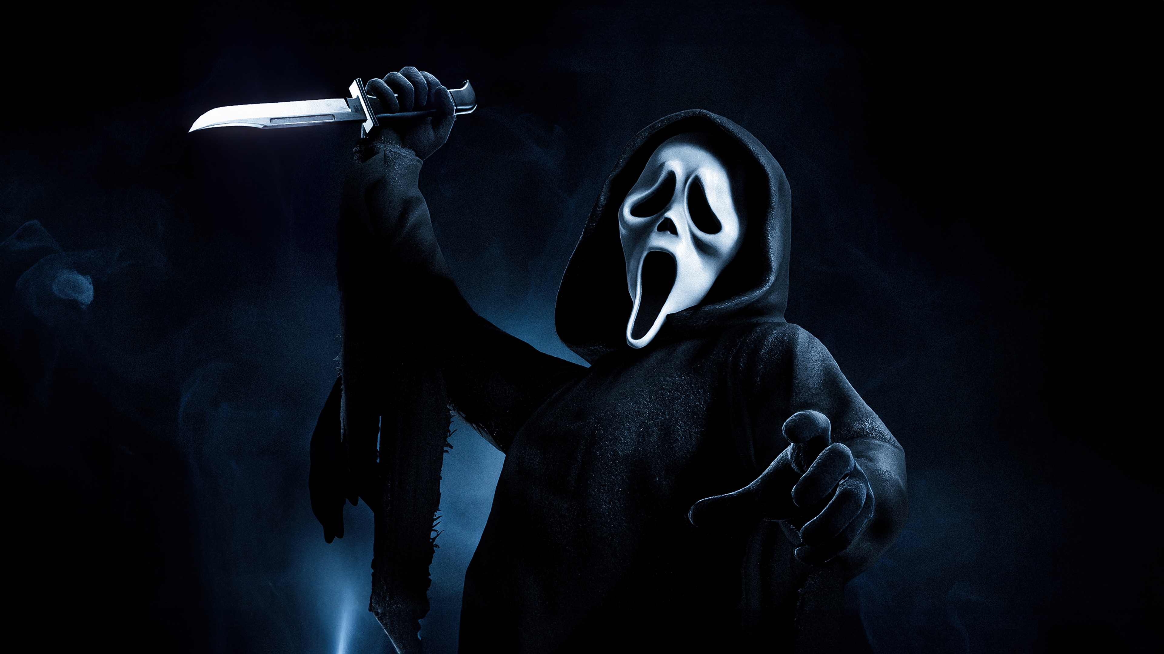 Ghostface from the Scream movie franchise appearing menacingly against a dark, gothic background.