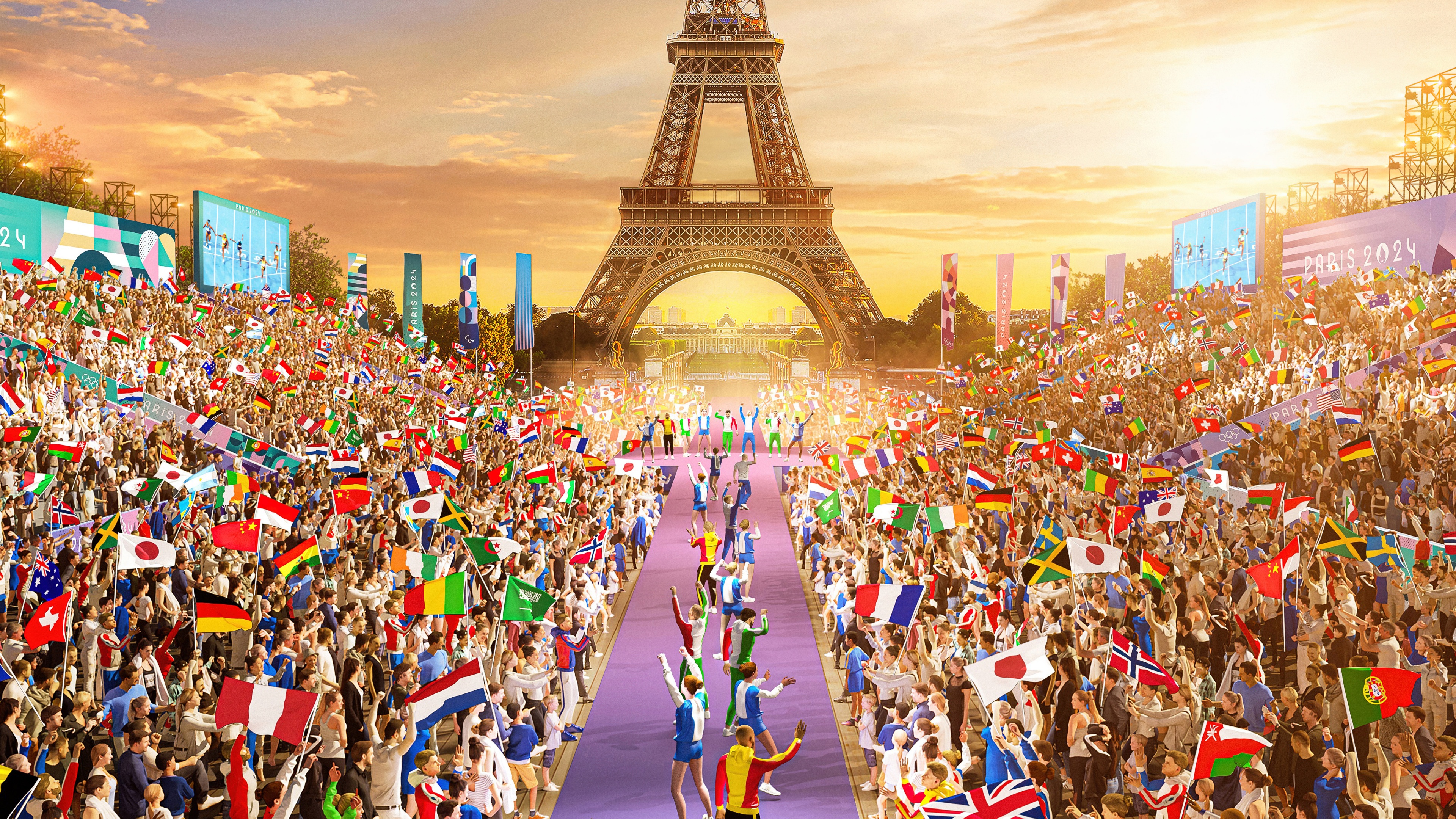 A breathtaking view of the 2024 Summer Olympics in Paris, showcasing the spirit of athletic competition and iconic city landmarks.