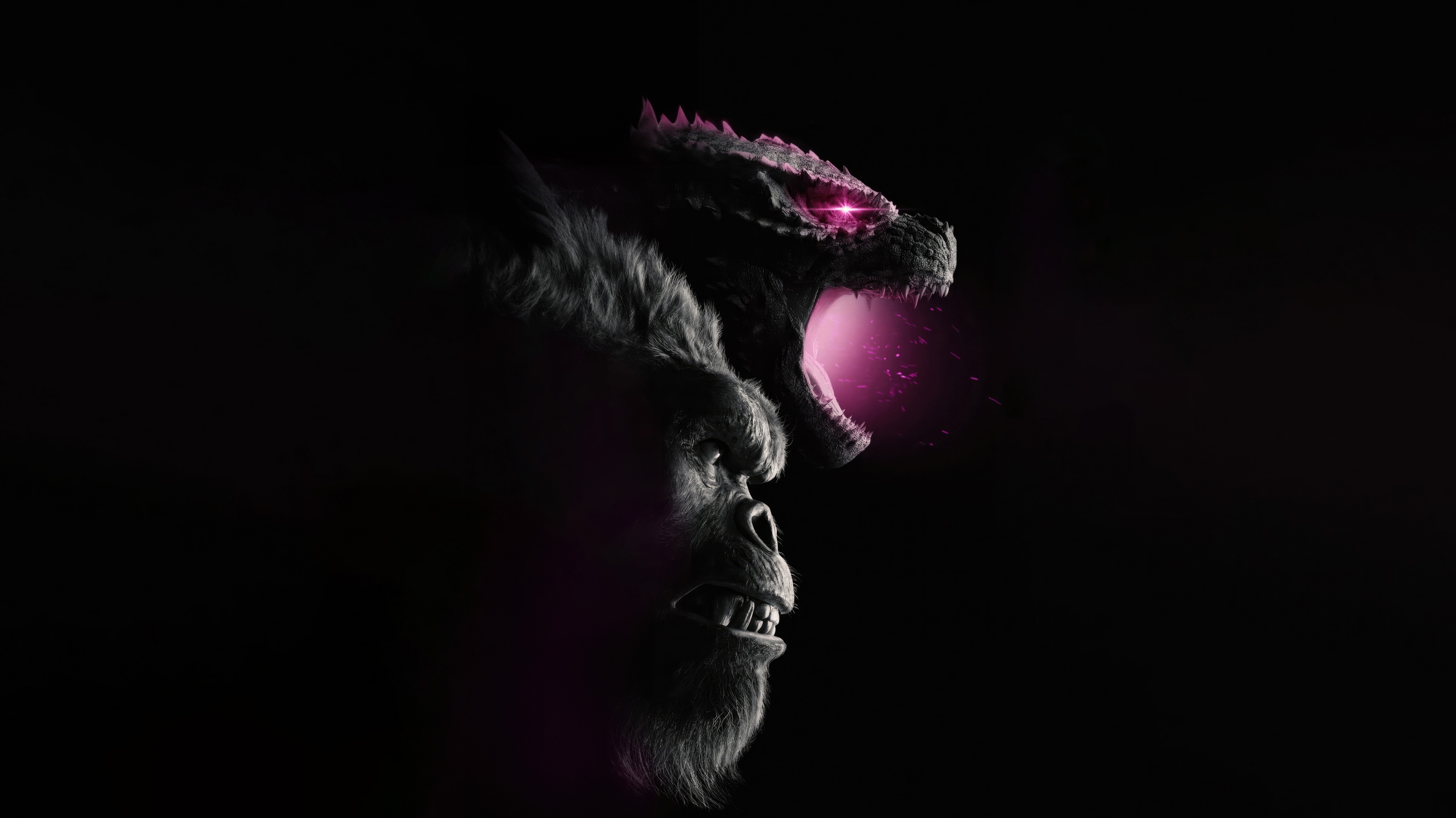 A high-contrast, cinematic close-up of Godzilla and Kong from the movie Godzilla x Kong: The New Empire against a black background.