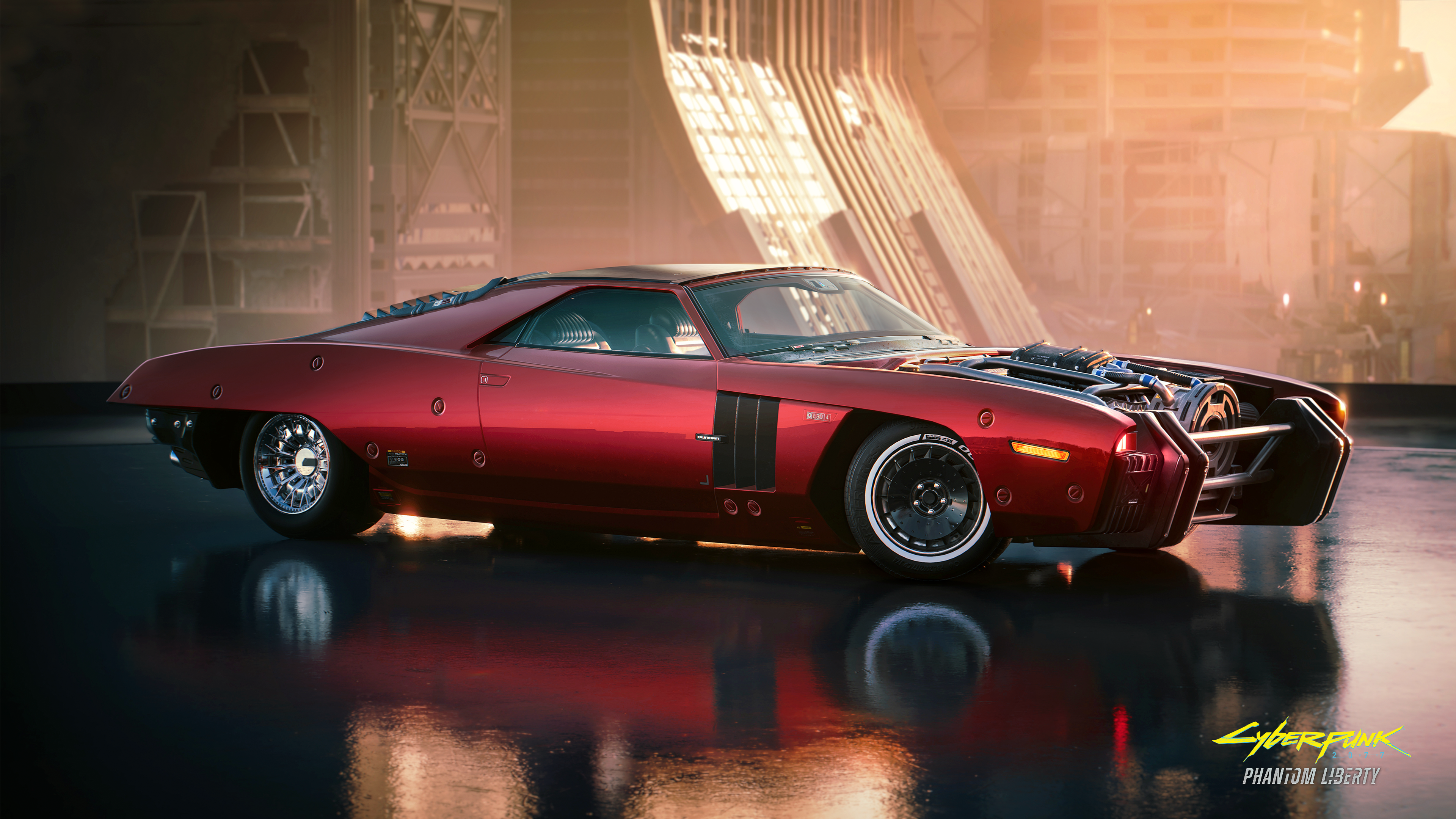 A sleek muscle car driving through the neon-drenched, rainy streets of Night City's Dogtown district in Cyberpunk 2077: Phantom Liberty.