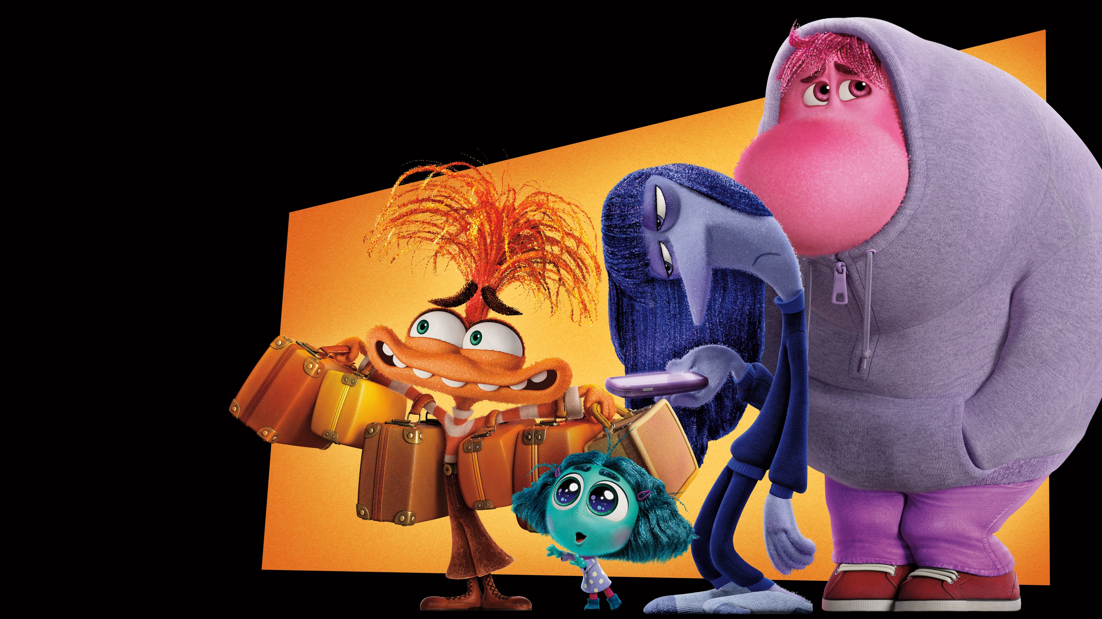 A high-resolution group portrait of the characters Anxiety, Envy, and Embarrassment from the Disney Pixar movie Inside Out 2.