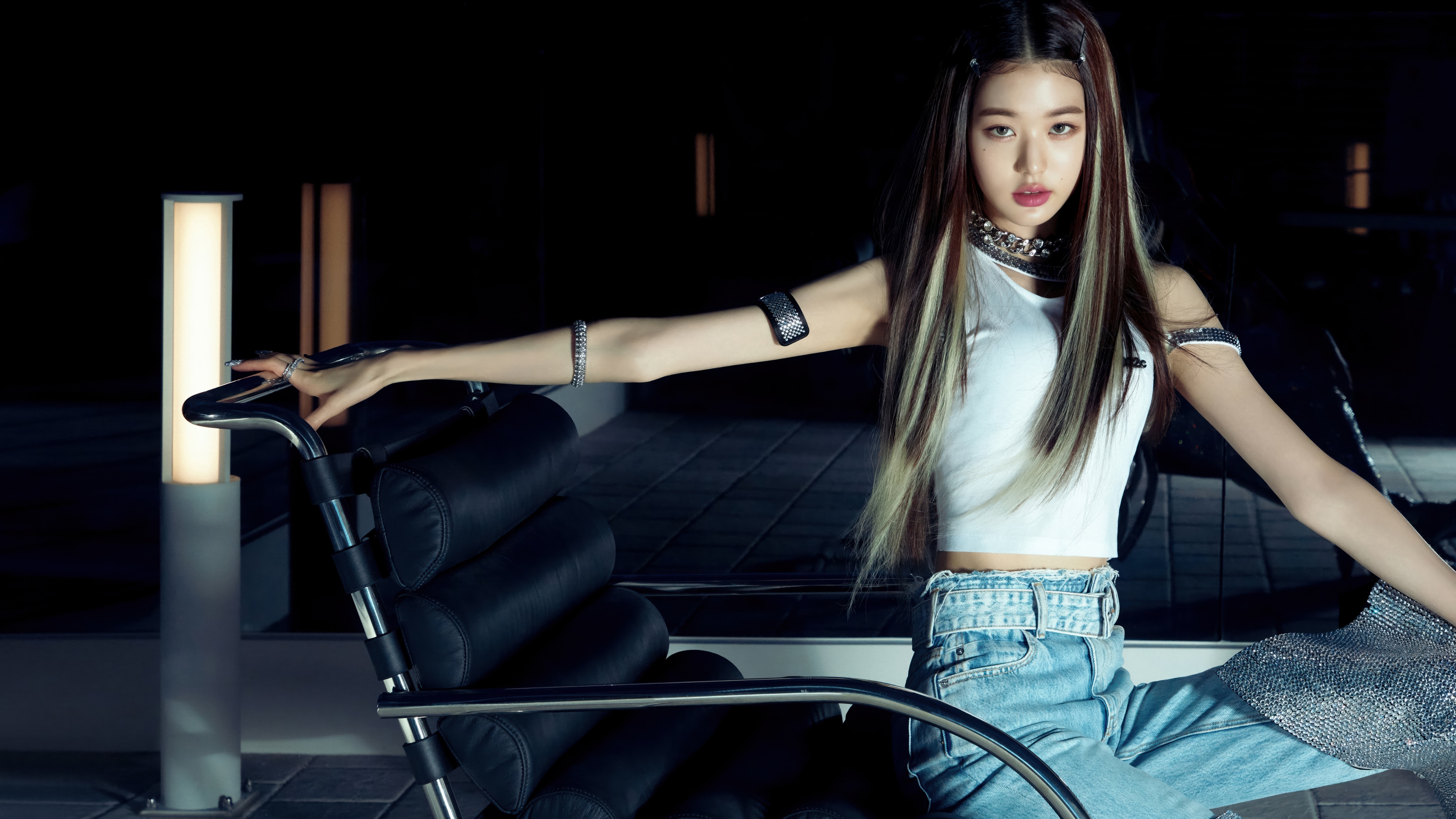 A high-definition, cinematic portrait of the K-pop girl group IVE.