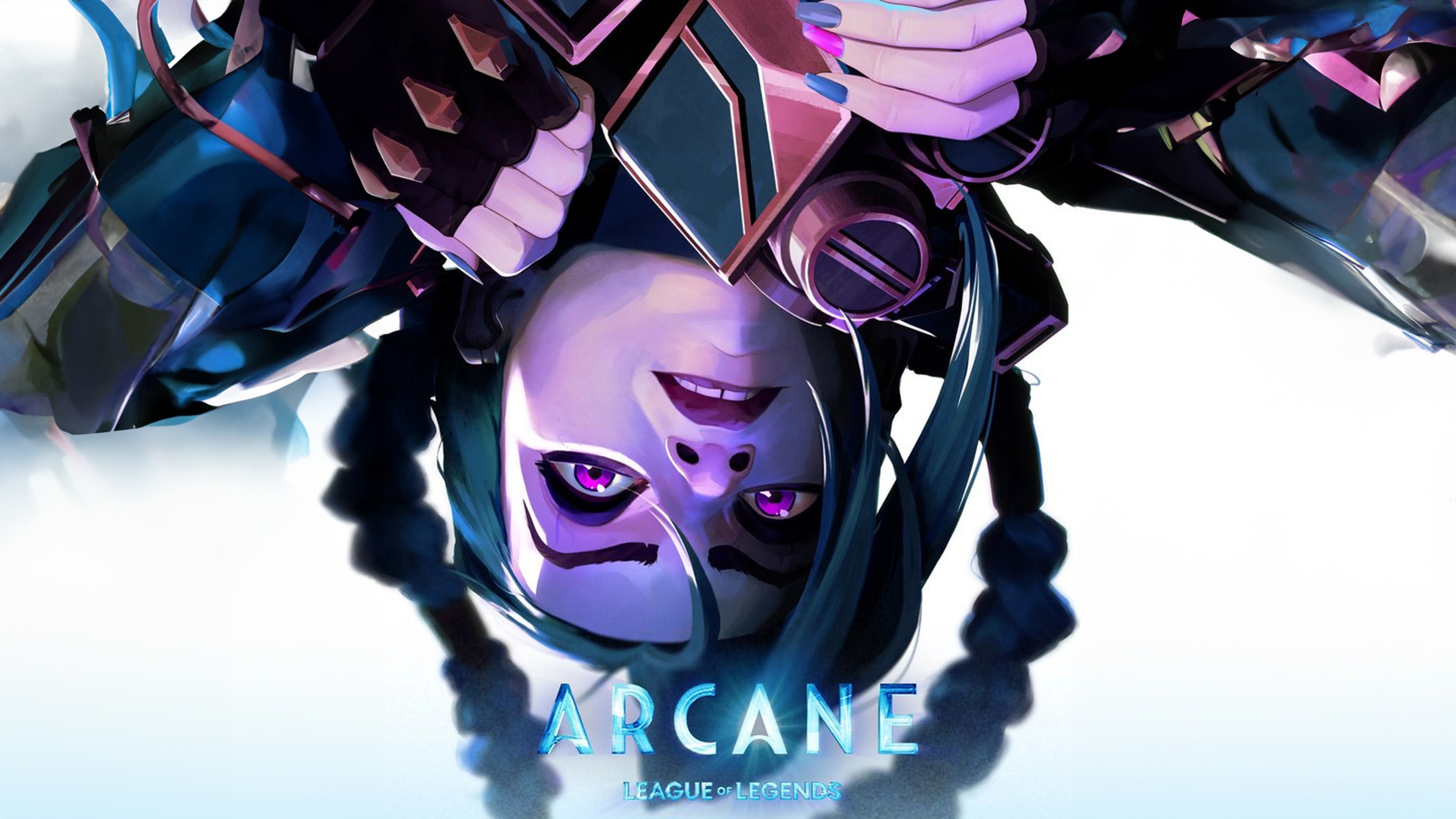 A high-resolution, detailed portrait of Jinx from the animated series Arcane: League of Legends.