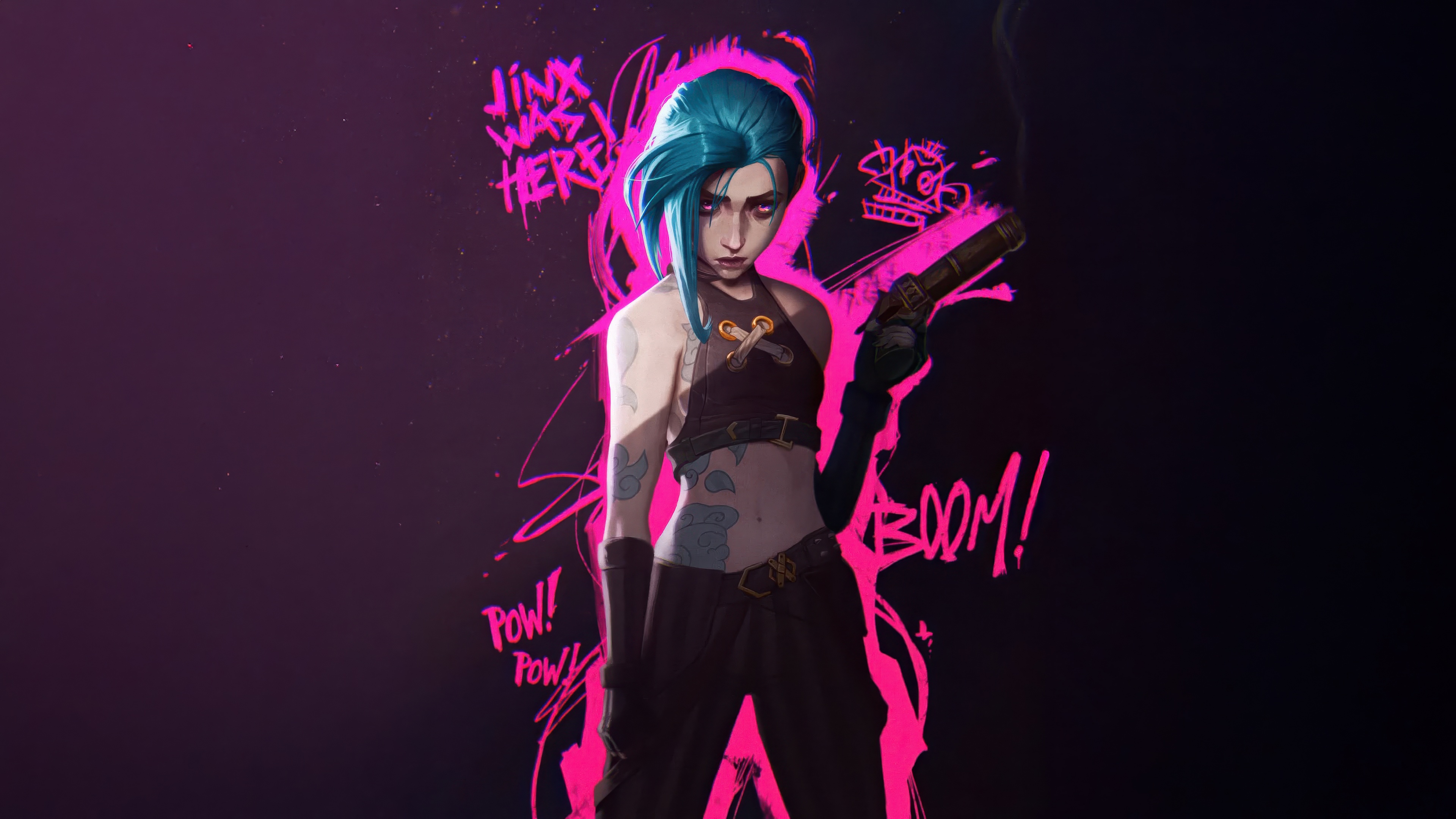 A high-quality portrait of Jinx from Arcane: League of Legends featuring a vibrant pink aesthetic and stylized lighting.