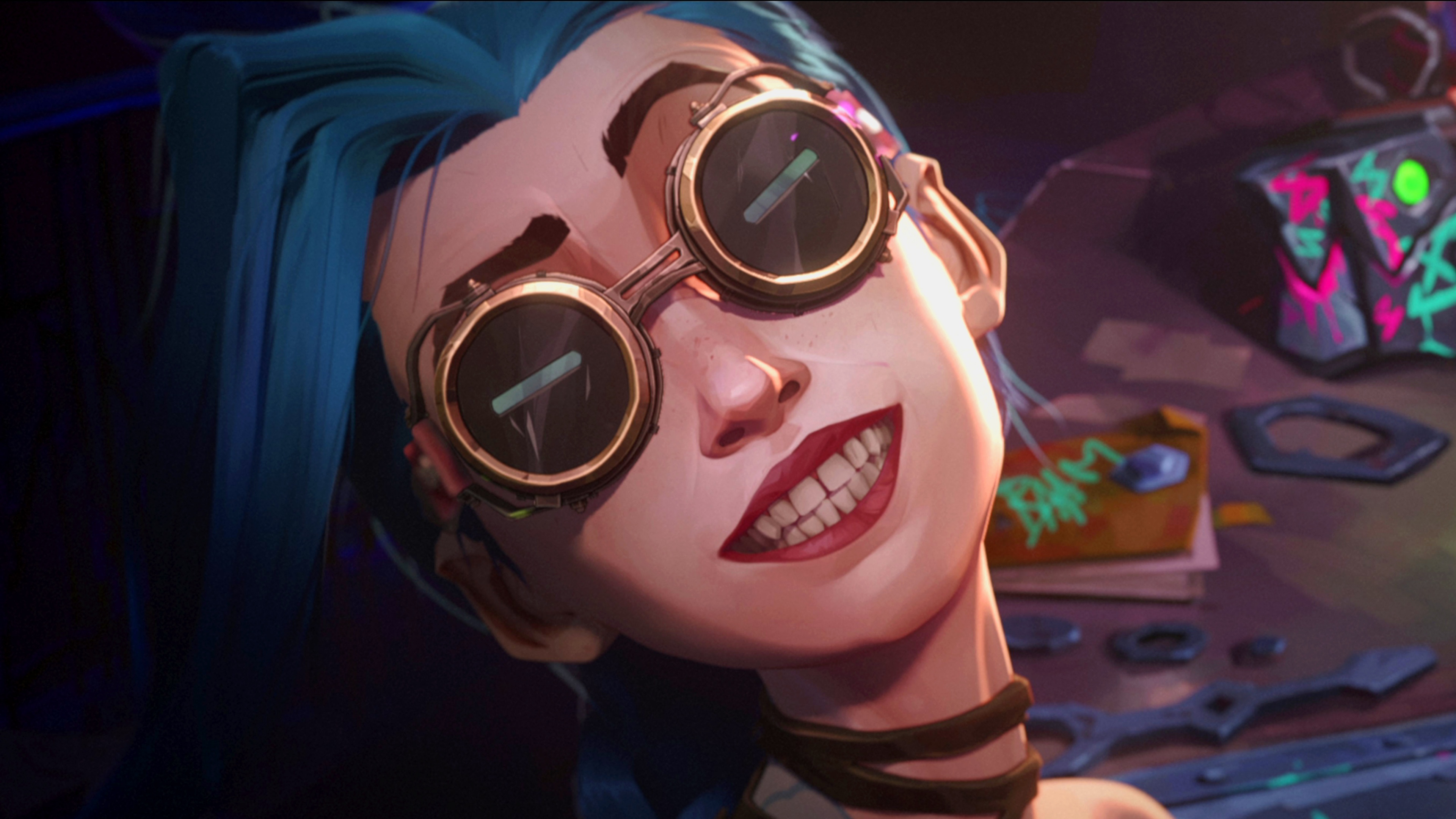 A detailed cinematic portrait of Jinx from Arcane: League of Legends