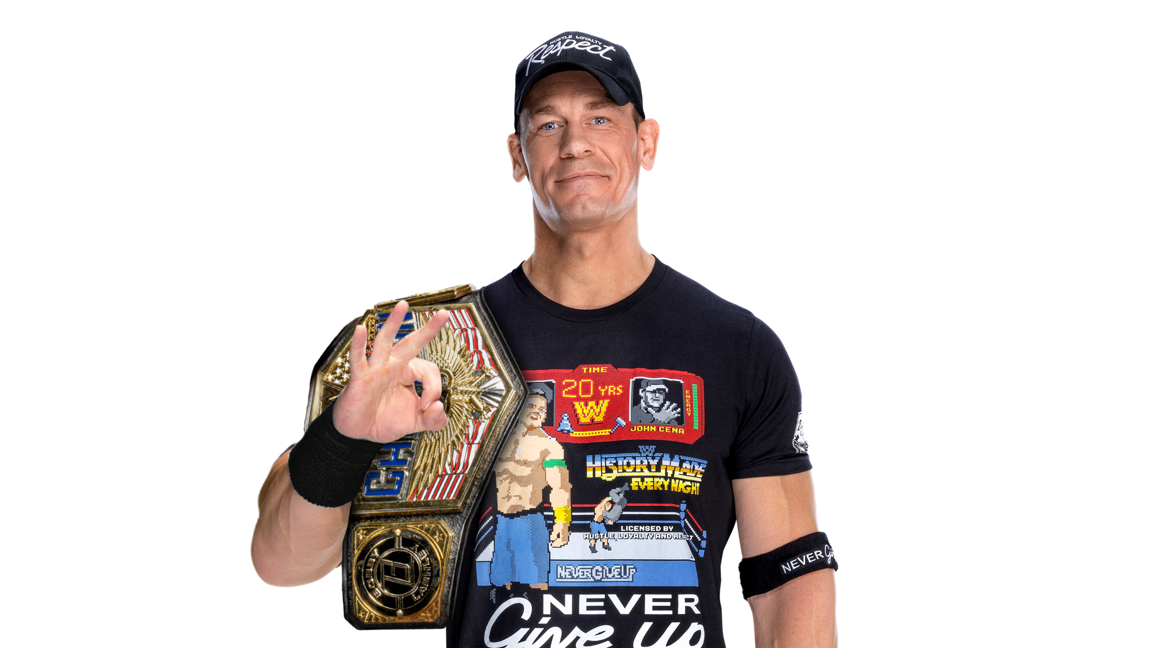 John Cena, the famous WWE Superstar, posing against a white background