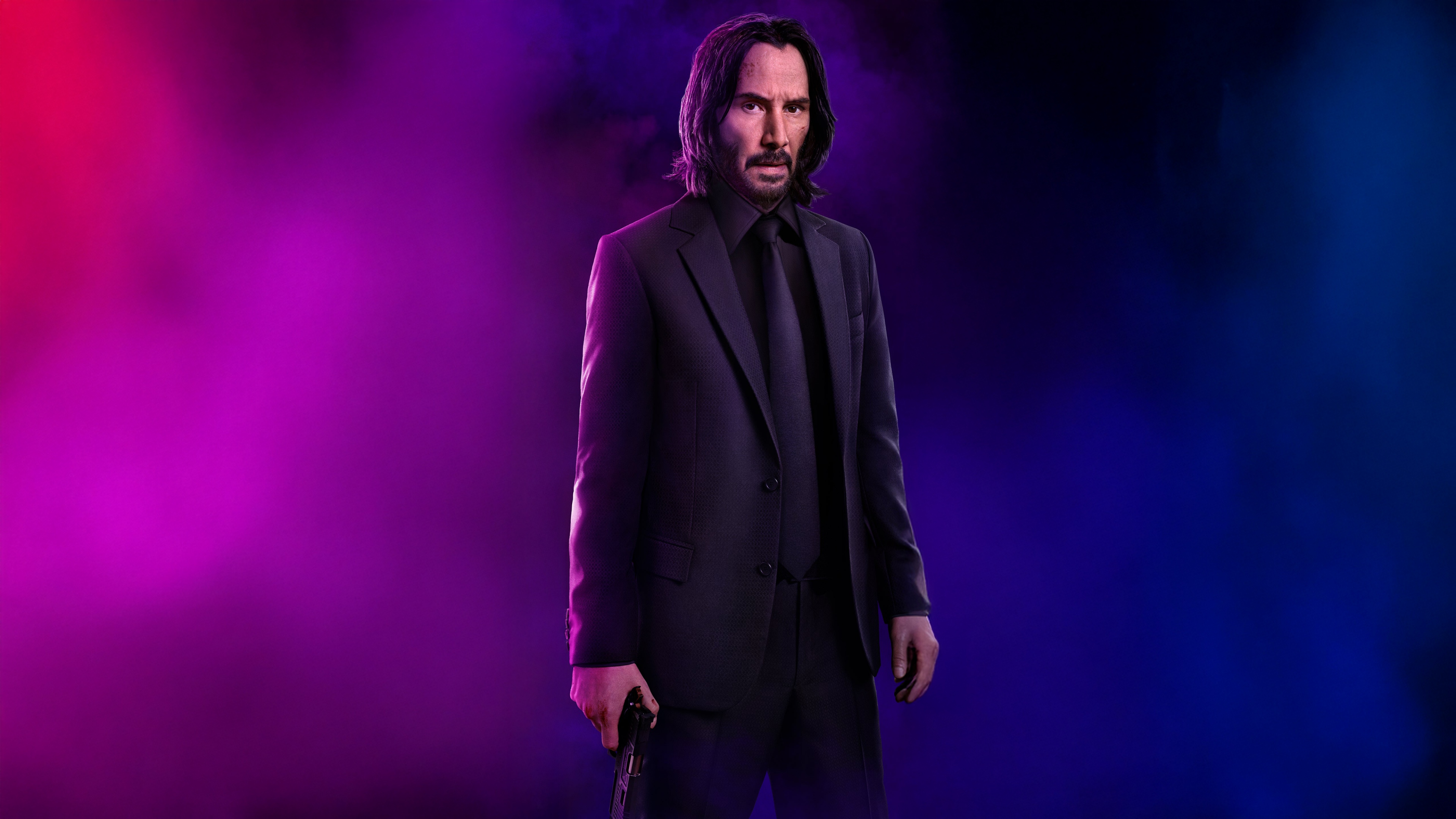 Keanu Reeves as John Wick against a glowing neon background, inspired by the movie Ballerina.