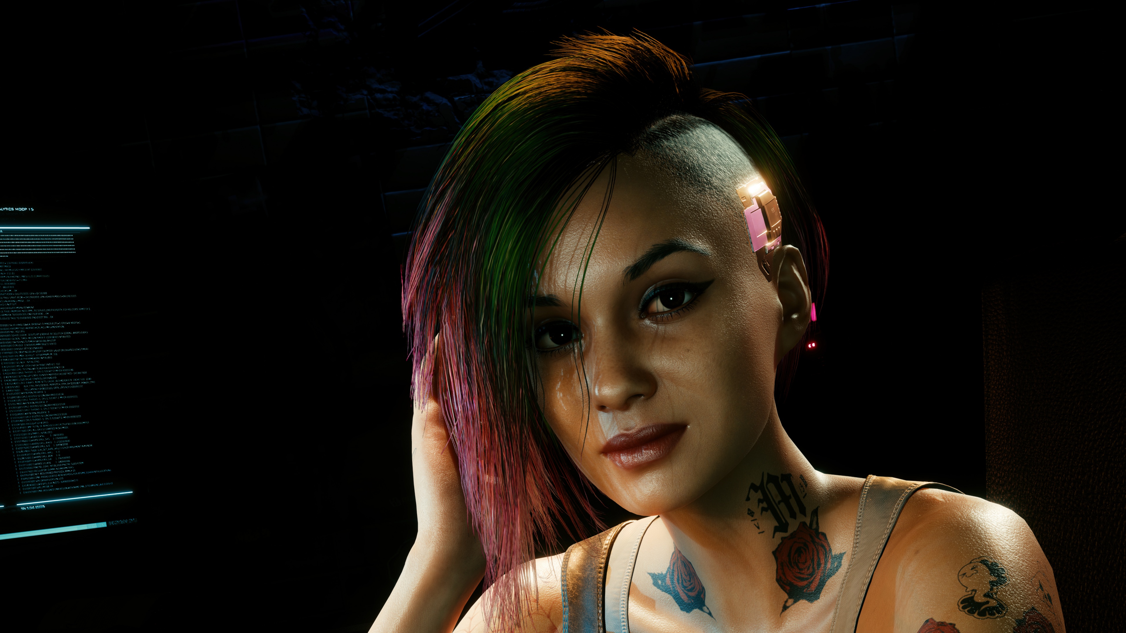 Detailed portrait of Judy Alvarez from Cyberpunk 2077 featuring her signature cyberpunk tattoos and futuristic style.