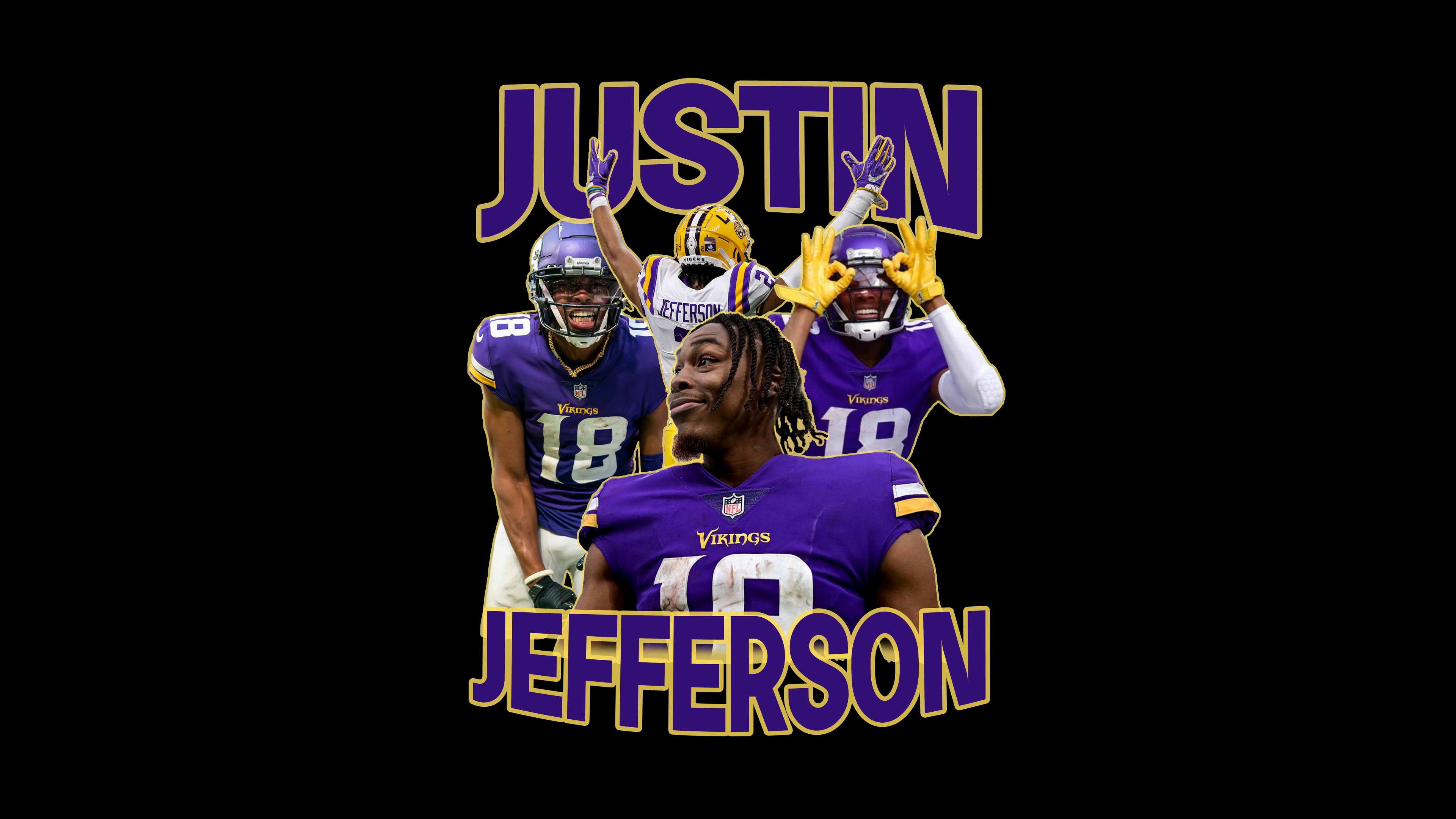 Justin Jefferson, Minnesota Vikings wide receiver, in a high-detail sports portrait against a black background.