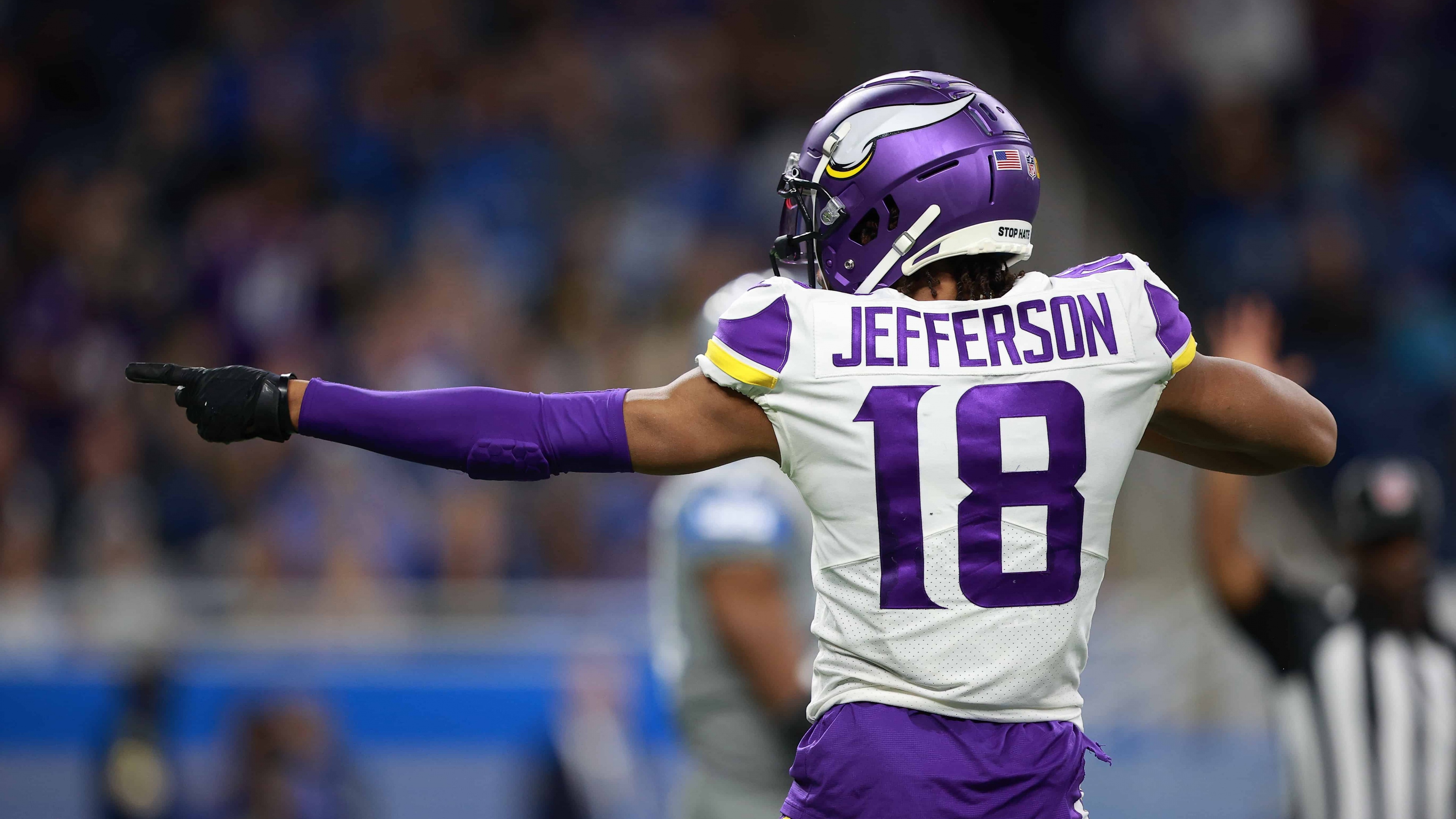 Justin Jefferson, Minnesota Vikings wide receiver, in professional football gear.