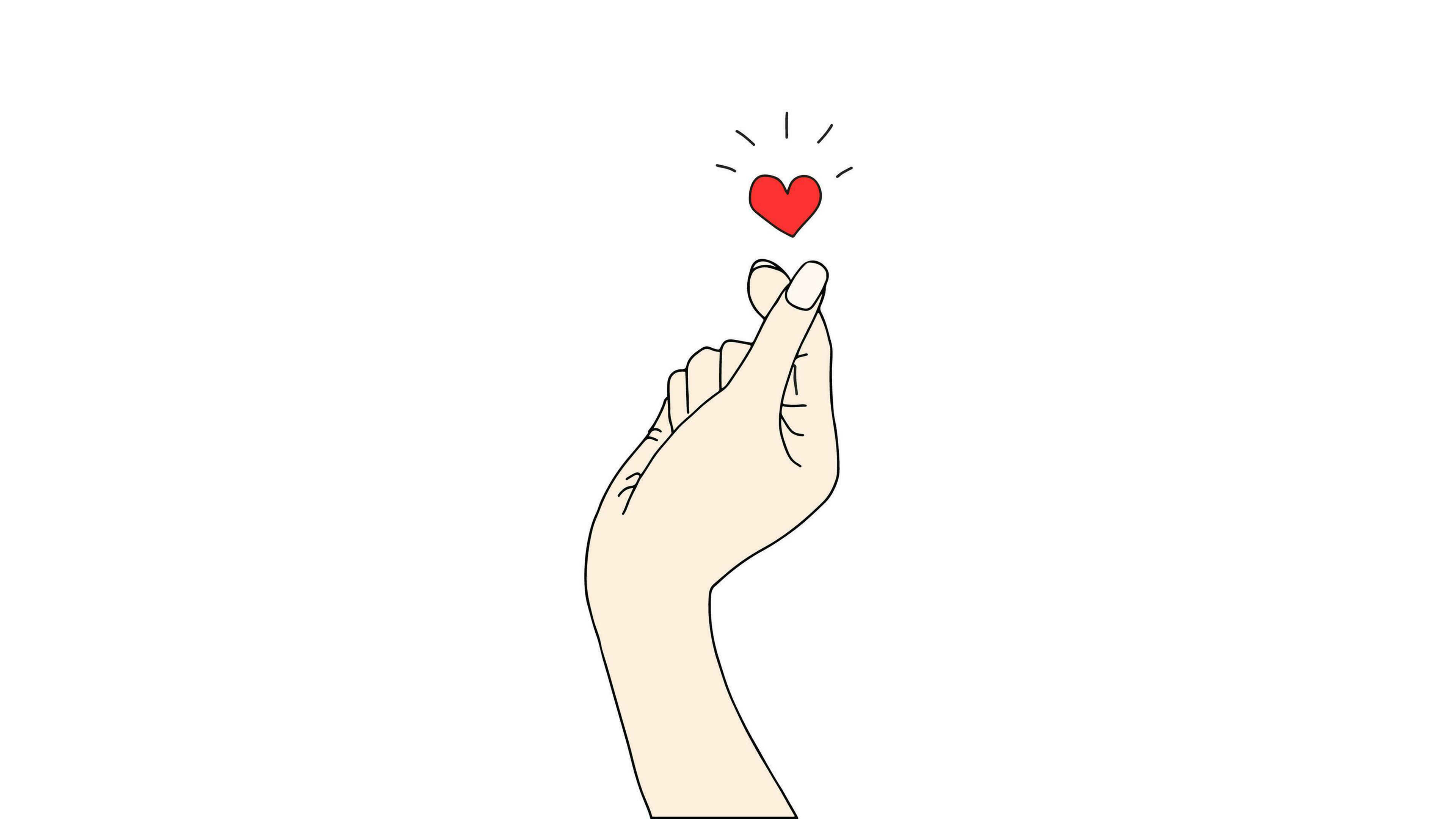 Minimalist K-pop finger heart with a red heart on a white background for Valentine's Day.