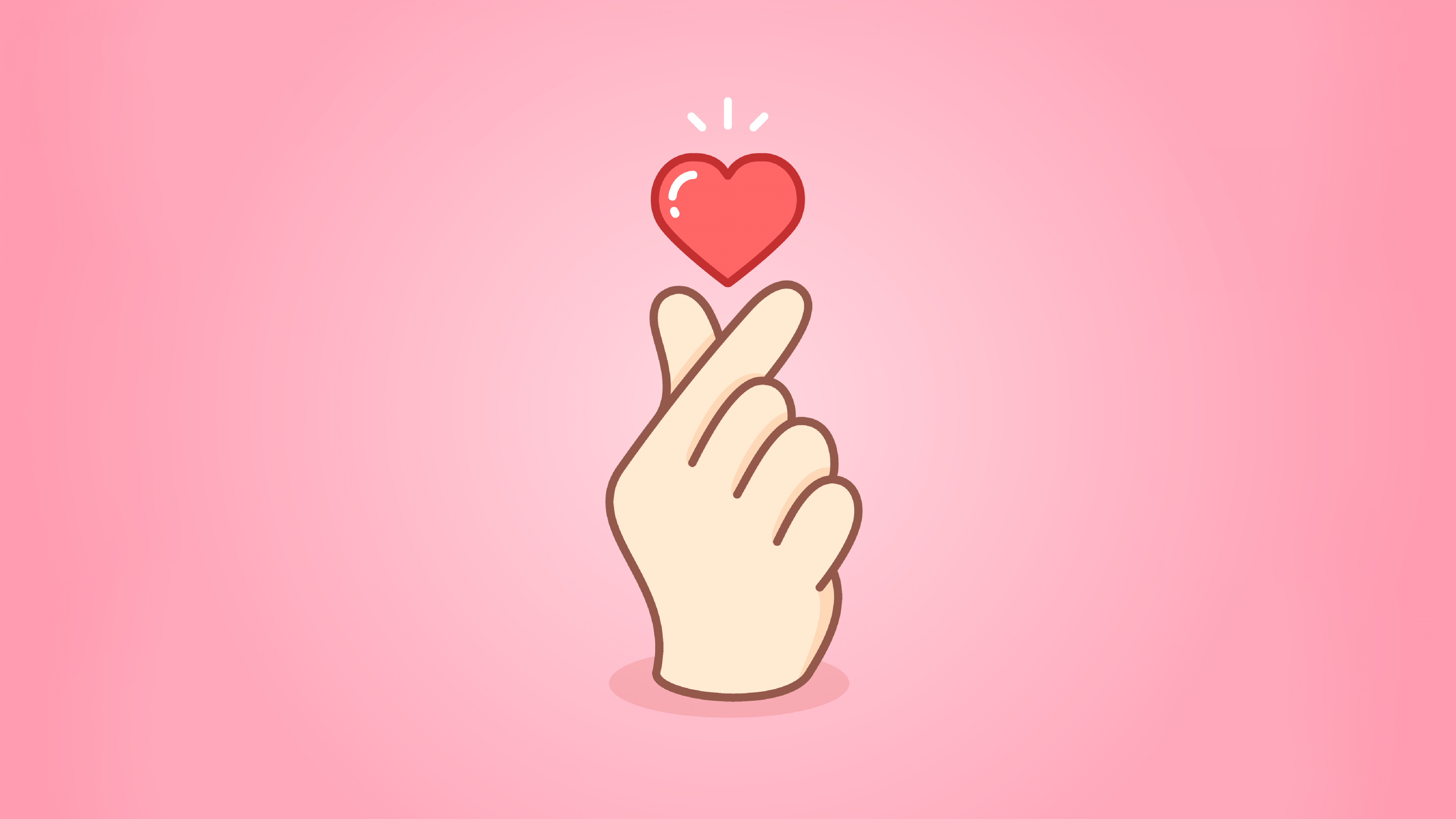 A close-up of a hand making a finger heart gesture against a soft pink aesthetic background with a red heart.