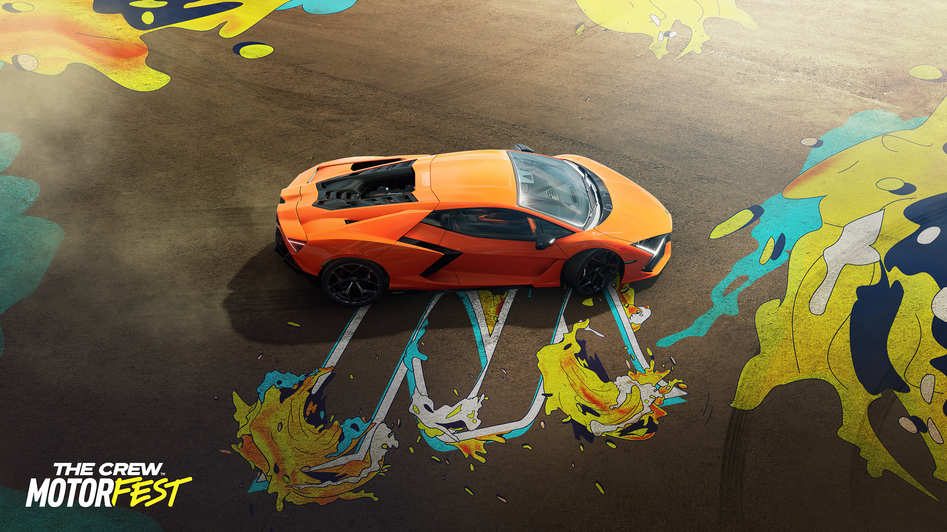 A detailed shot of a Lamborghini Revuelto supercar featured in the video game The Crew Motorfest.