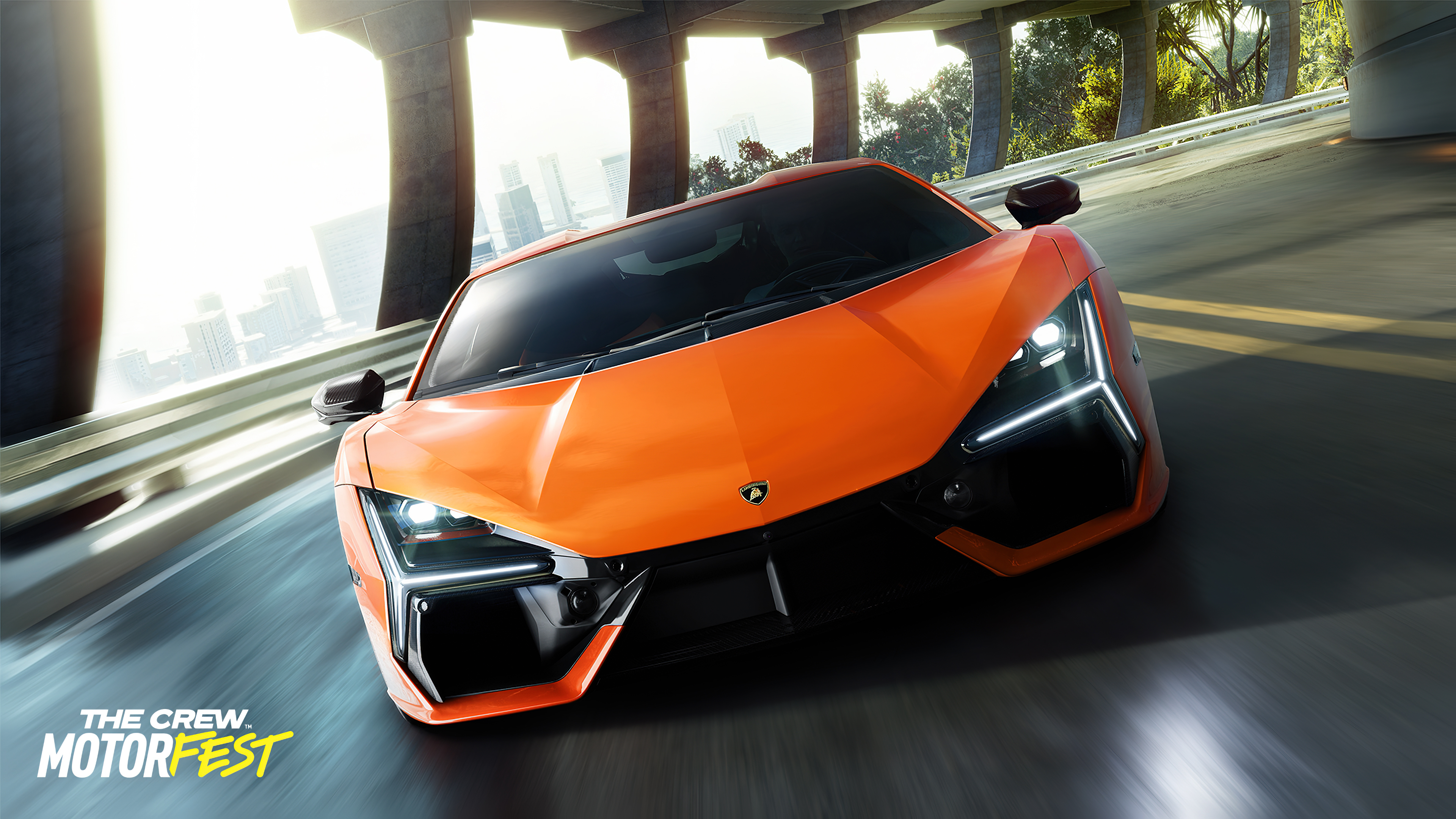 The Lamborghini Revuelto supercar showcased in a high-action scene from The Crew Motorfest.