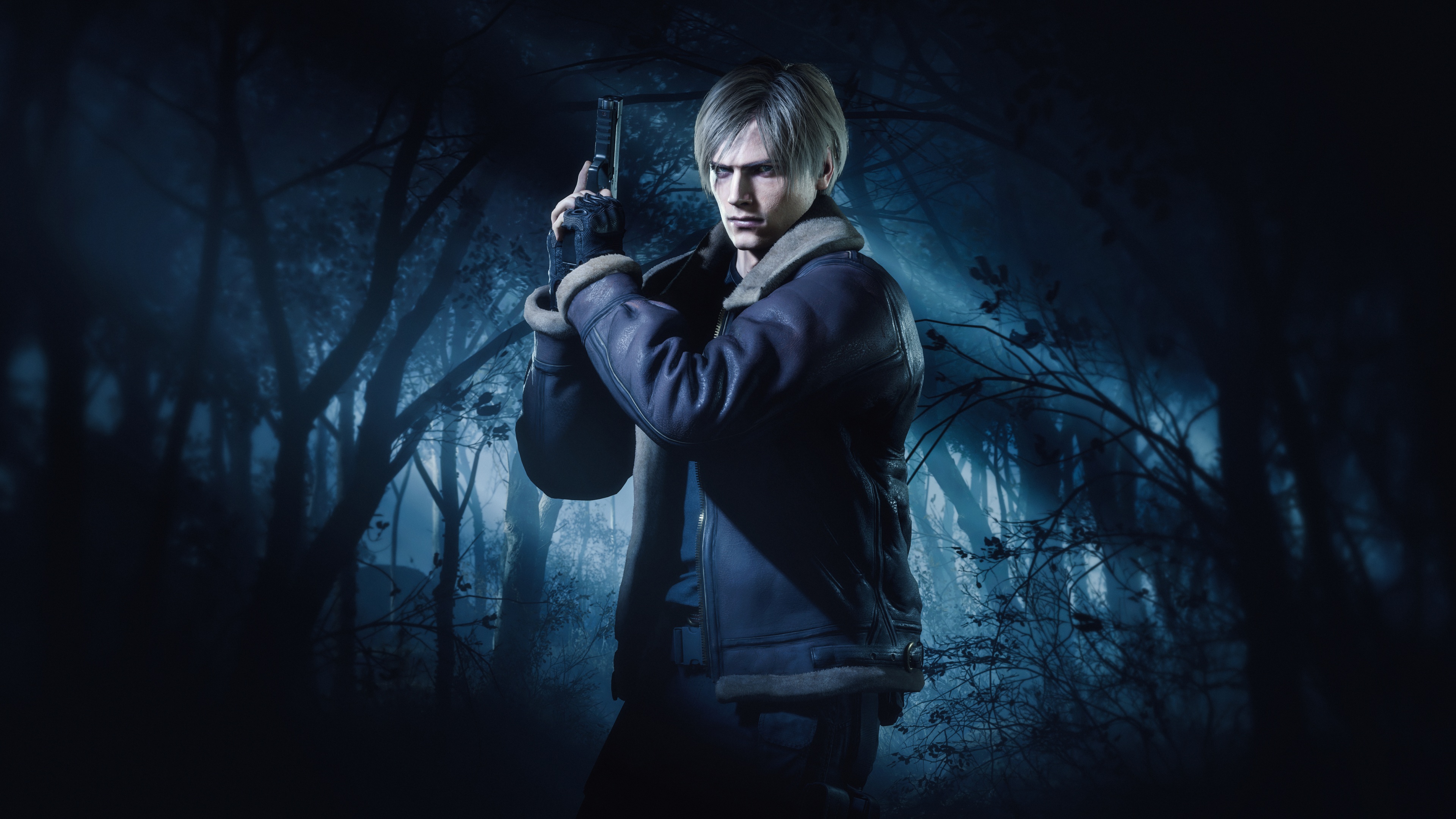 A high-resolution, detailed close-up of Leon S. Kennedy from the video game Resident Evil 4.