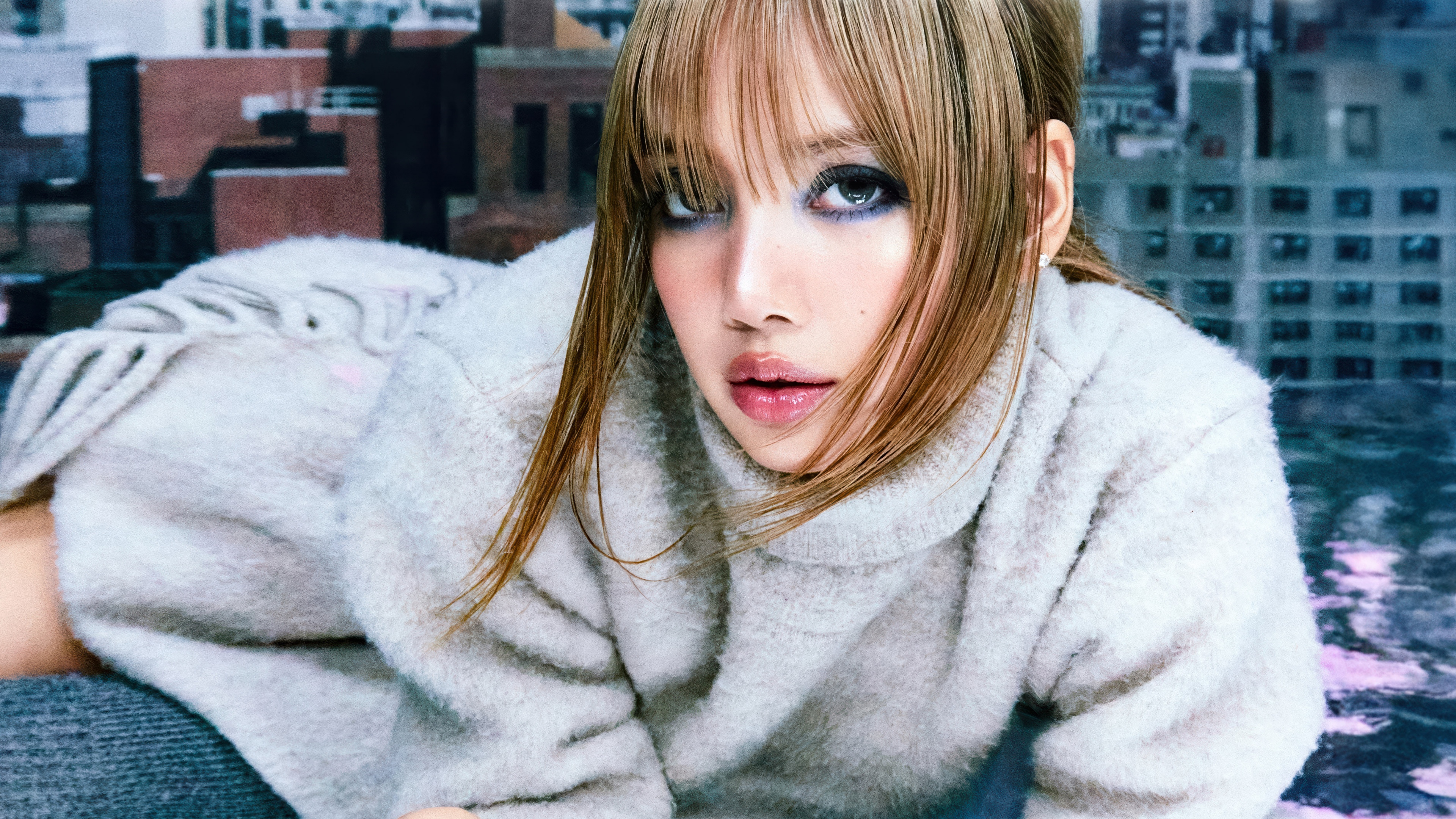 Portrait of Lisa from BLACKPINK with blue eyes in a Marie Claire Korea fashion style.