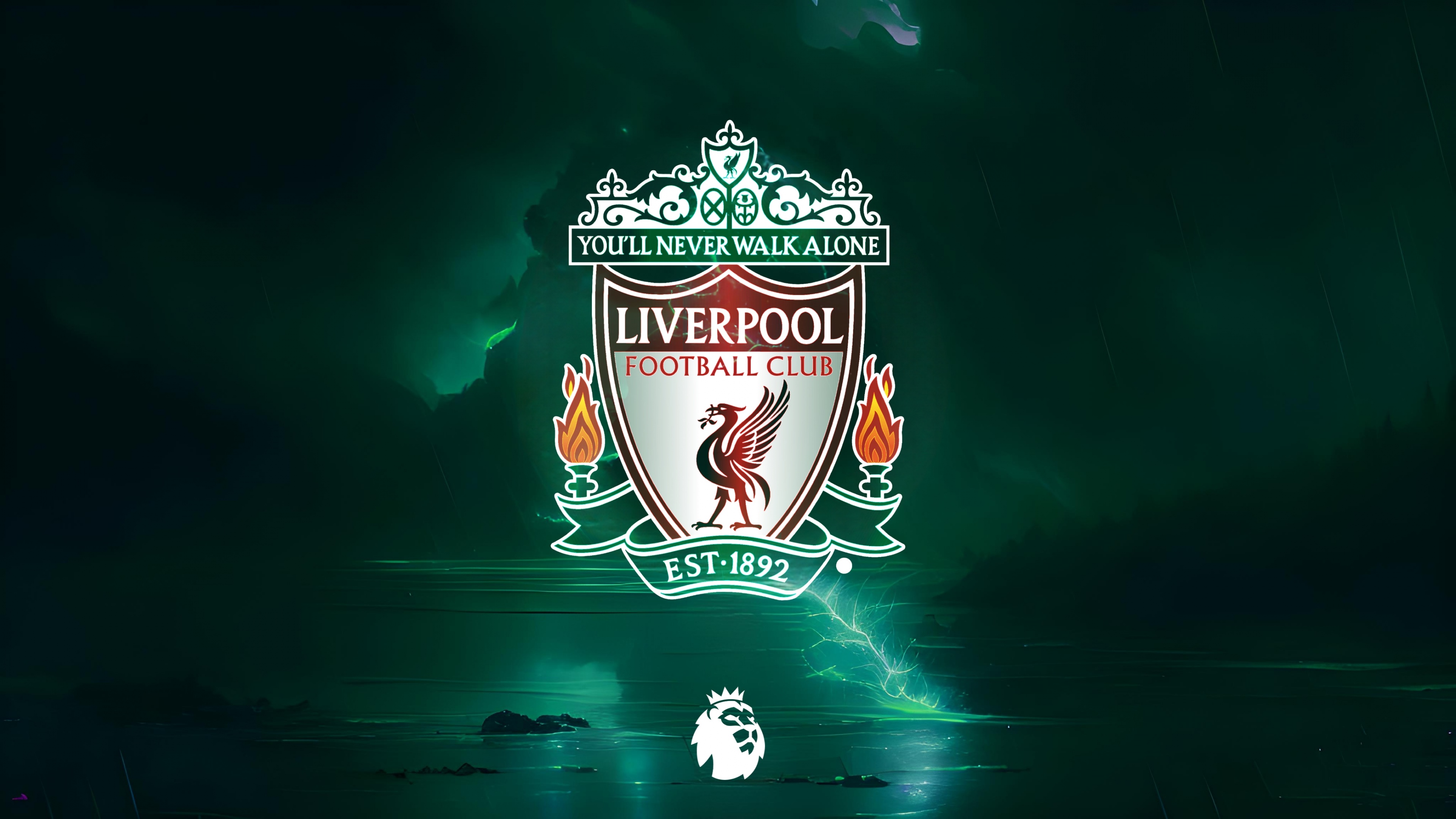 The official Liverpool FC emblem and Liver Bird crest set against a bright green background.