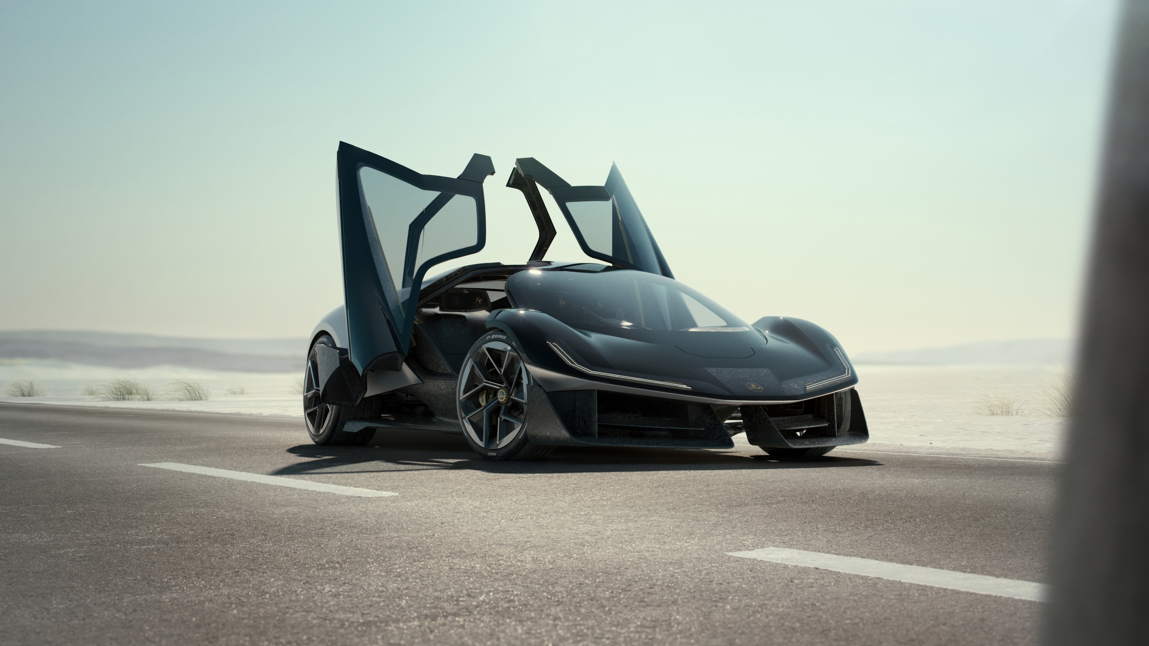 A sleek and futuristic 2024 electric sports car, the Lotus Theory 1, featuring aerodynamic curves and advanced lighting.