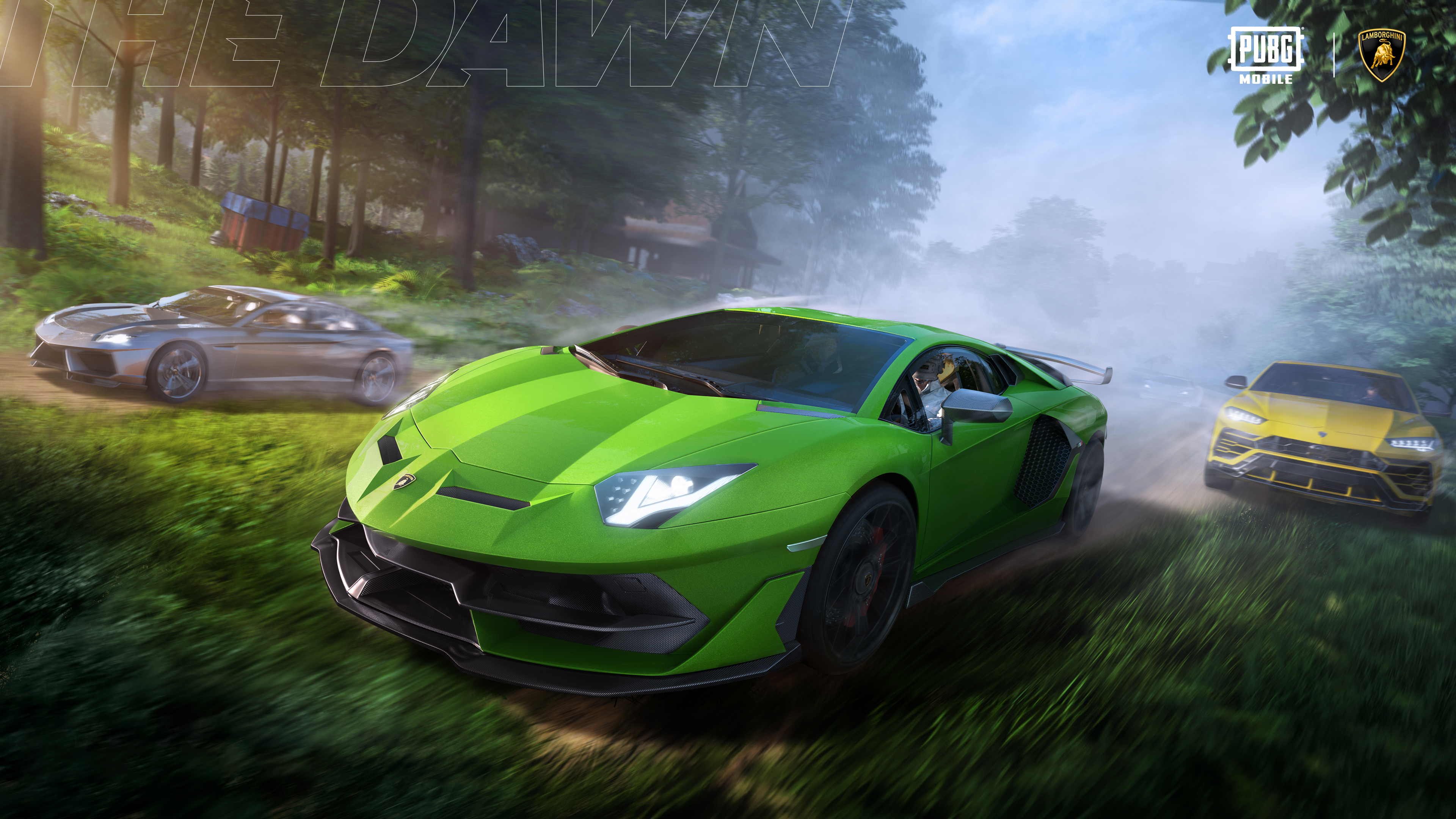A collection of high-end Lamborghini supercars, including the Aventador and Urus, presented in a PUBG MOBILE game setting.
